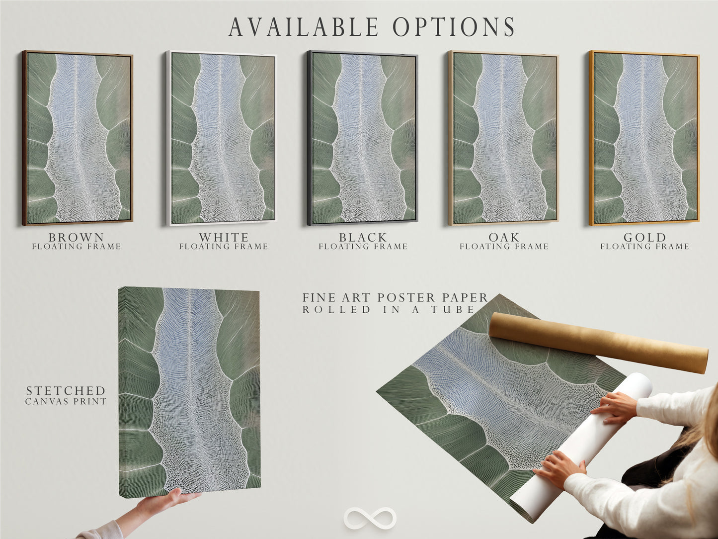 Available options include a stretched canvas print. Another option is fine art poster paper. Lastly a floating frame is available. All feature the abstract tree artwork in sage green.