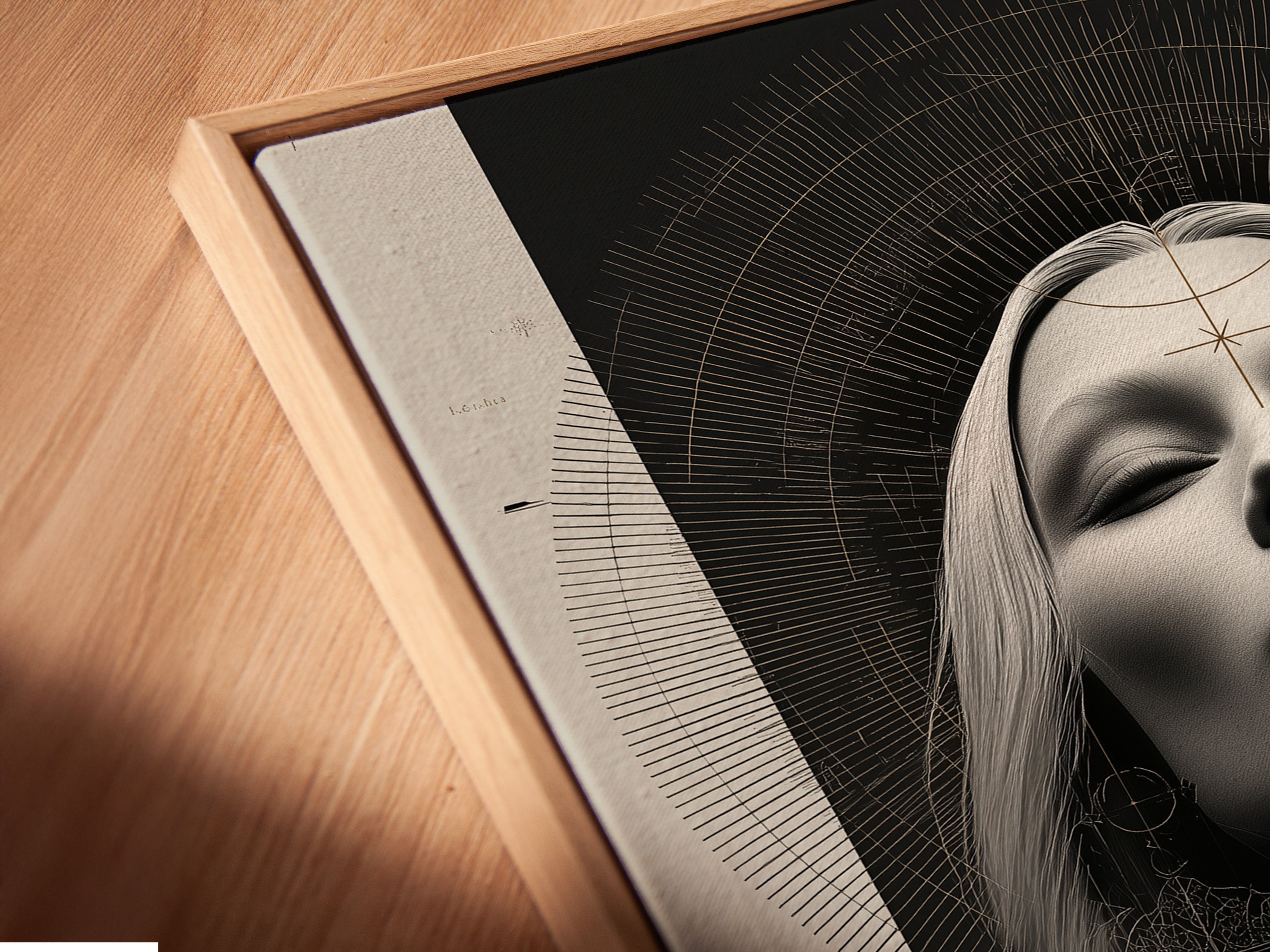 A close-up angled view of a canvas print in a floating frame. The artwork features a Mystical Woman Portrait and sacred geometry. This piece is perfect for enhancing living rooms bedrooms and office spaces. Add a touch of spiritual boho decor to your walls.