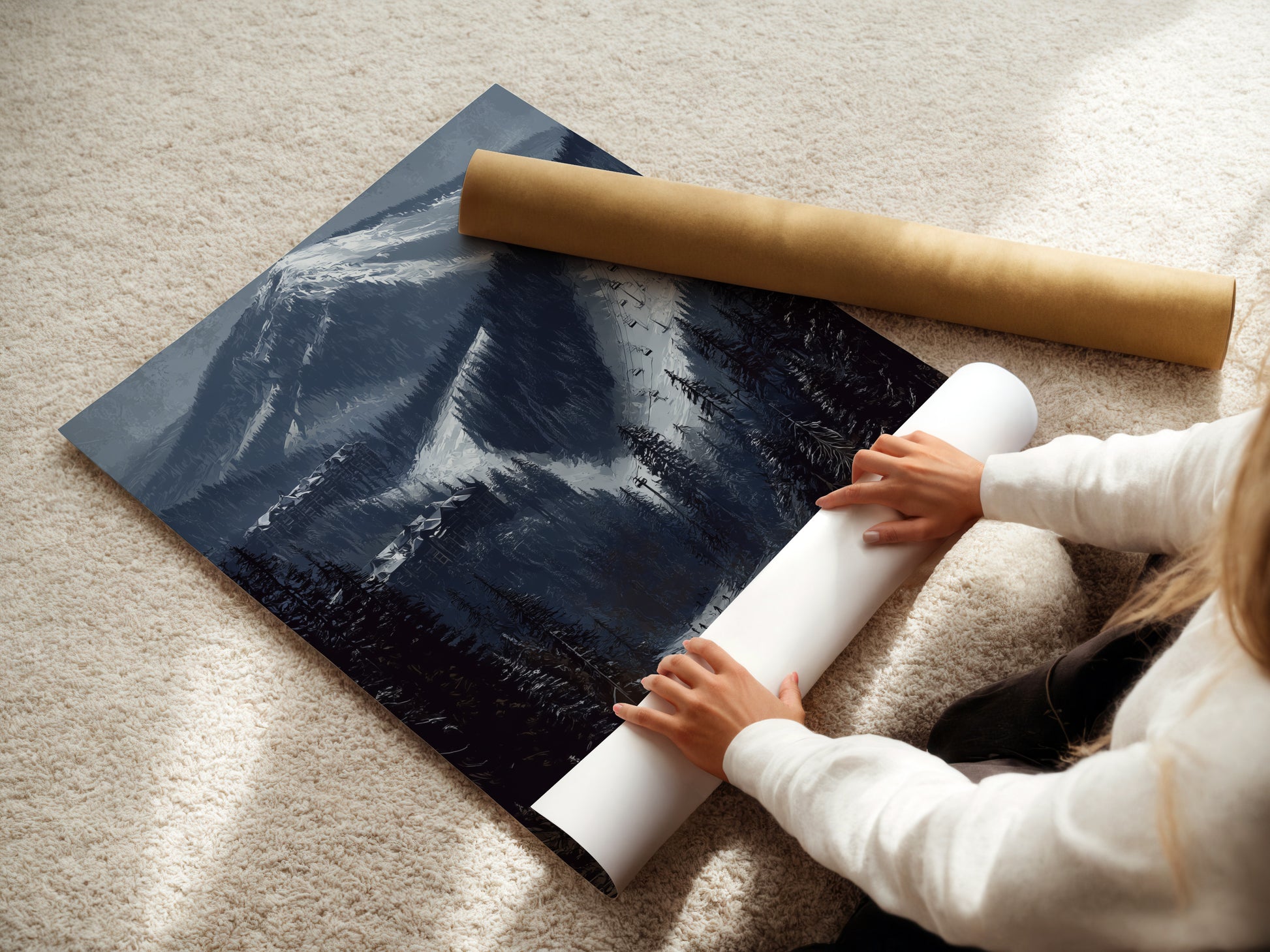 A woman is carefully rolling a fine art poster paper print. This ski resort mountain artwork captures the alpine winter landscape. Ideal for those who appreciate snow covered peaks. Perfect for cabin decor and ski lodge art.
