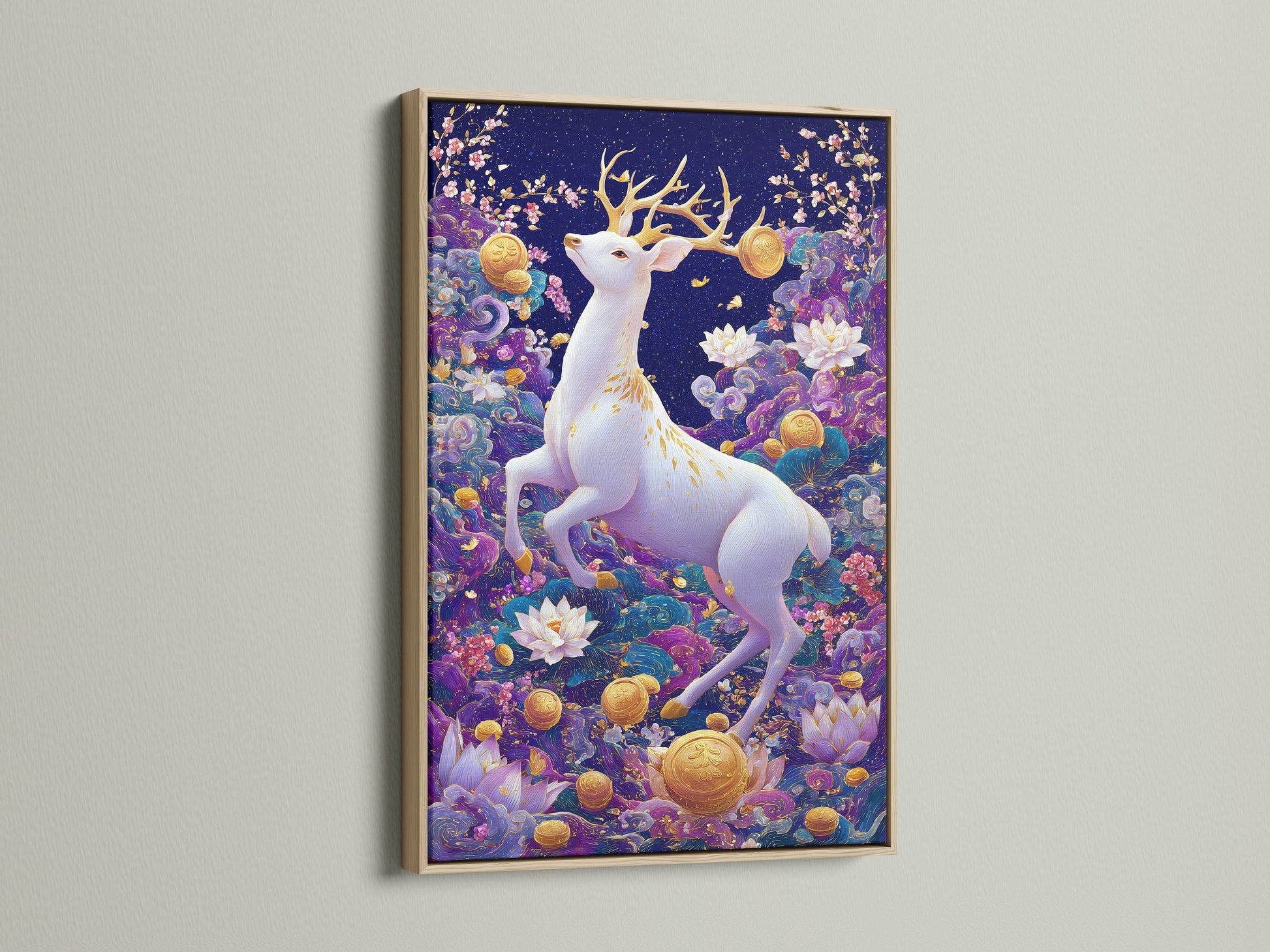 A captivating oak frame showcases a white deer artwork. The mystical forest art has a purple lotus print. It's ideal for homeowners renters and interior designers seeking elevated contemporary wall decor