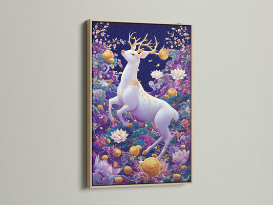 A captivating oak frame showcases a white deer artwork. The mystical forest art has a purple lotus print. It's ideal for homeowners renters and interior designers seeking elevated contemporary wall decor