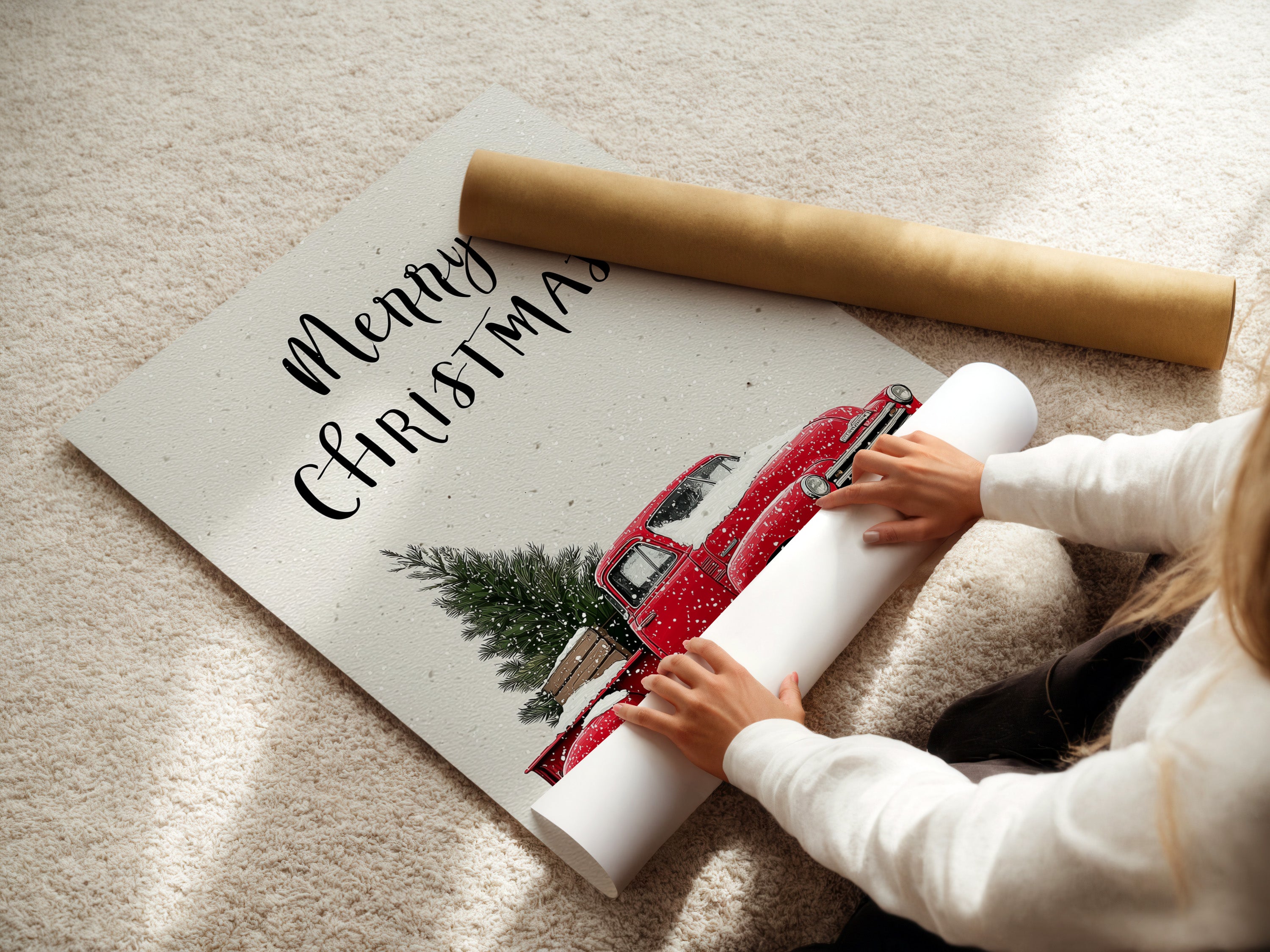 A woman is carefully rolling a fine art poster paper. The poster paper is high-quality. It ensures the artwork looks its best. Proper handling preserves the artwork's integrity. This highlights the attention to detail in fine art printing.