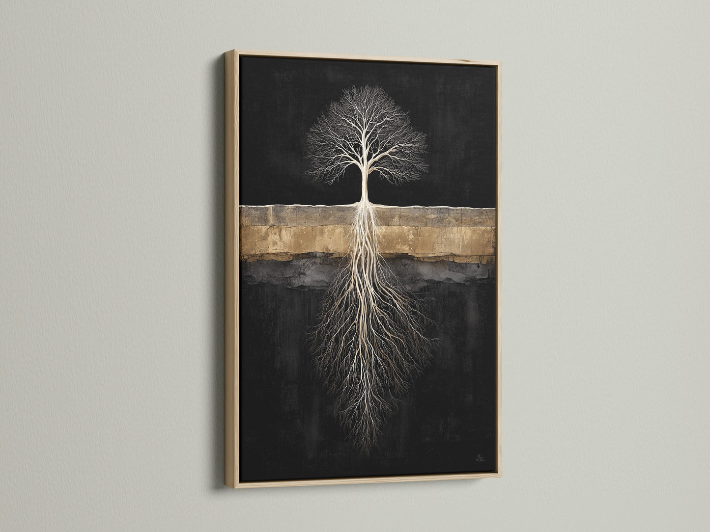 The Tree of Life canvas print is showcased in an oak frame. This abstract roots wall art adds warmth to any room. Perfect for homeowners renters interior stylists seeking nature canvas art. Transform your space today.
