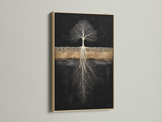 The Tree of Life canvas print is showcased in an oak frame. This abstract roots wall art adds warmth to any room. Perfect for homeowners renters interior stylists seeking nature canvas art. Transform your space today.