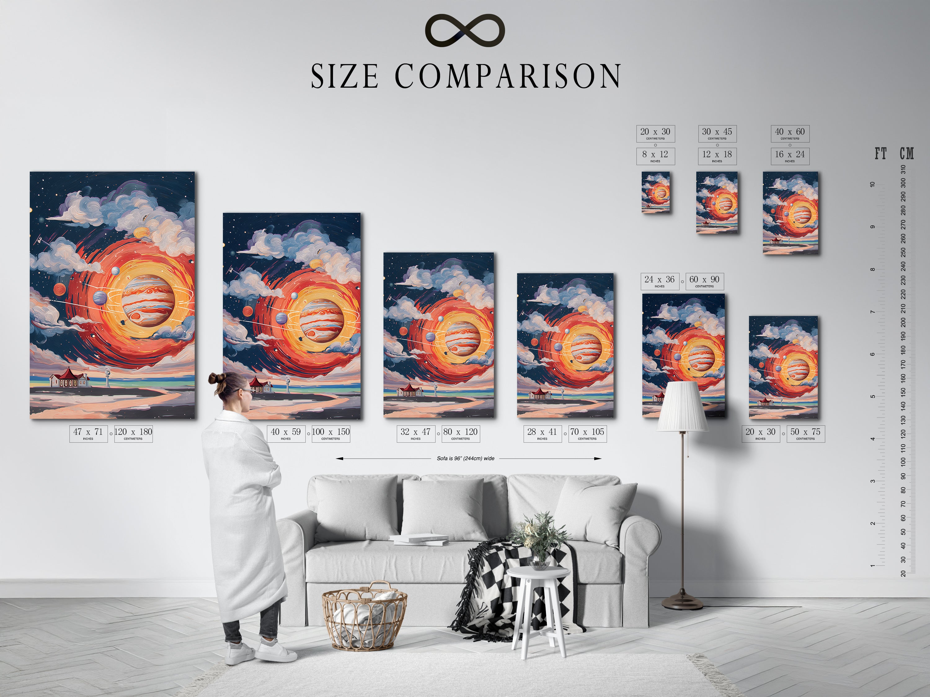 A size comparison chart is shown in an interior setting. The space art canvas print is available in multiple sizes. Find the perfect cosmic lighthouse artwork to fit your space and style.
