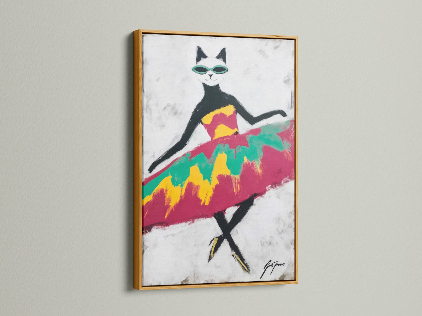 The Cool Cat Art Print is presented in a gold frame. The gold frame adds a touch of elegance. This bright cat art is perfect for nurseries. The retro animal art is a fun statement piece. It's a great addition to any collection.