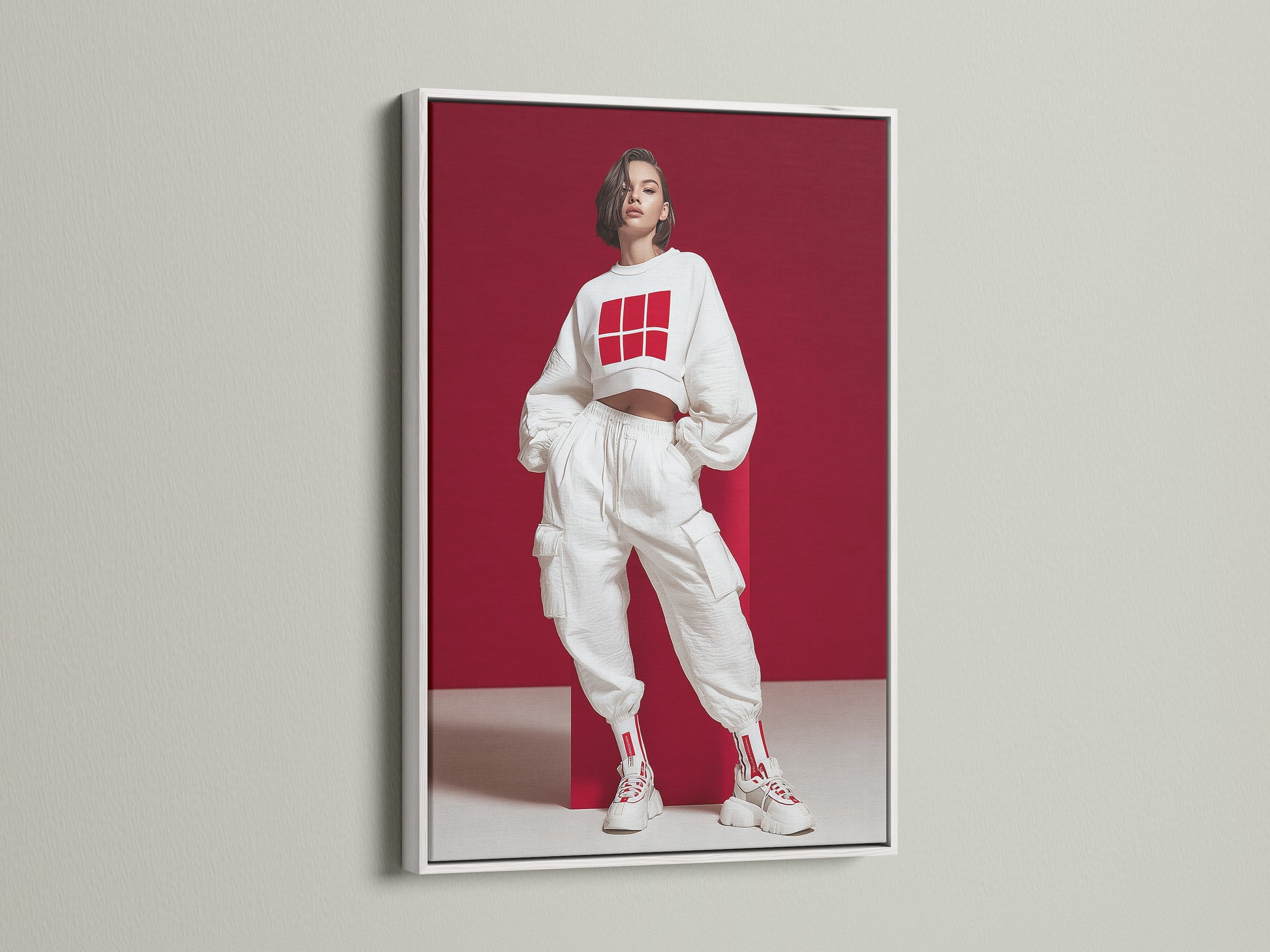 Streetwear Fashion Art Print in a white frame. This contemporary print showcases a modern urban style. The red and white decor is perfect for a teen room. This fashion poster adds a trendy touch to any wall.