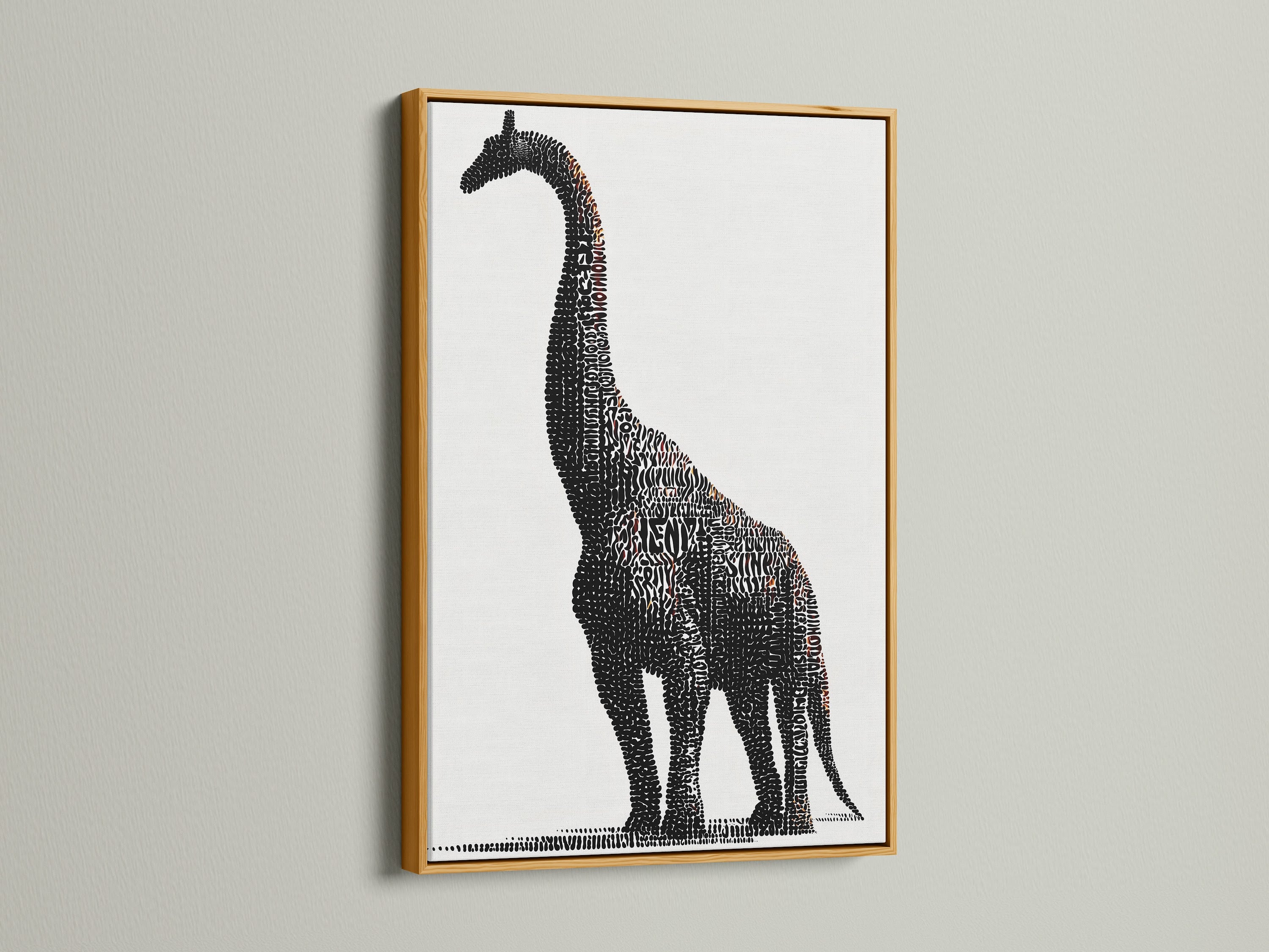 A Brontosaurus word art canvas print is presented in a gold frame. The dinosaur typography artwork brings a touch of elegance to modern kids room decor. Perfect for a nursery or playroom. The gold frame adds a sophisticated touch. The black and white art stands out beautifully.