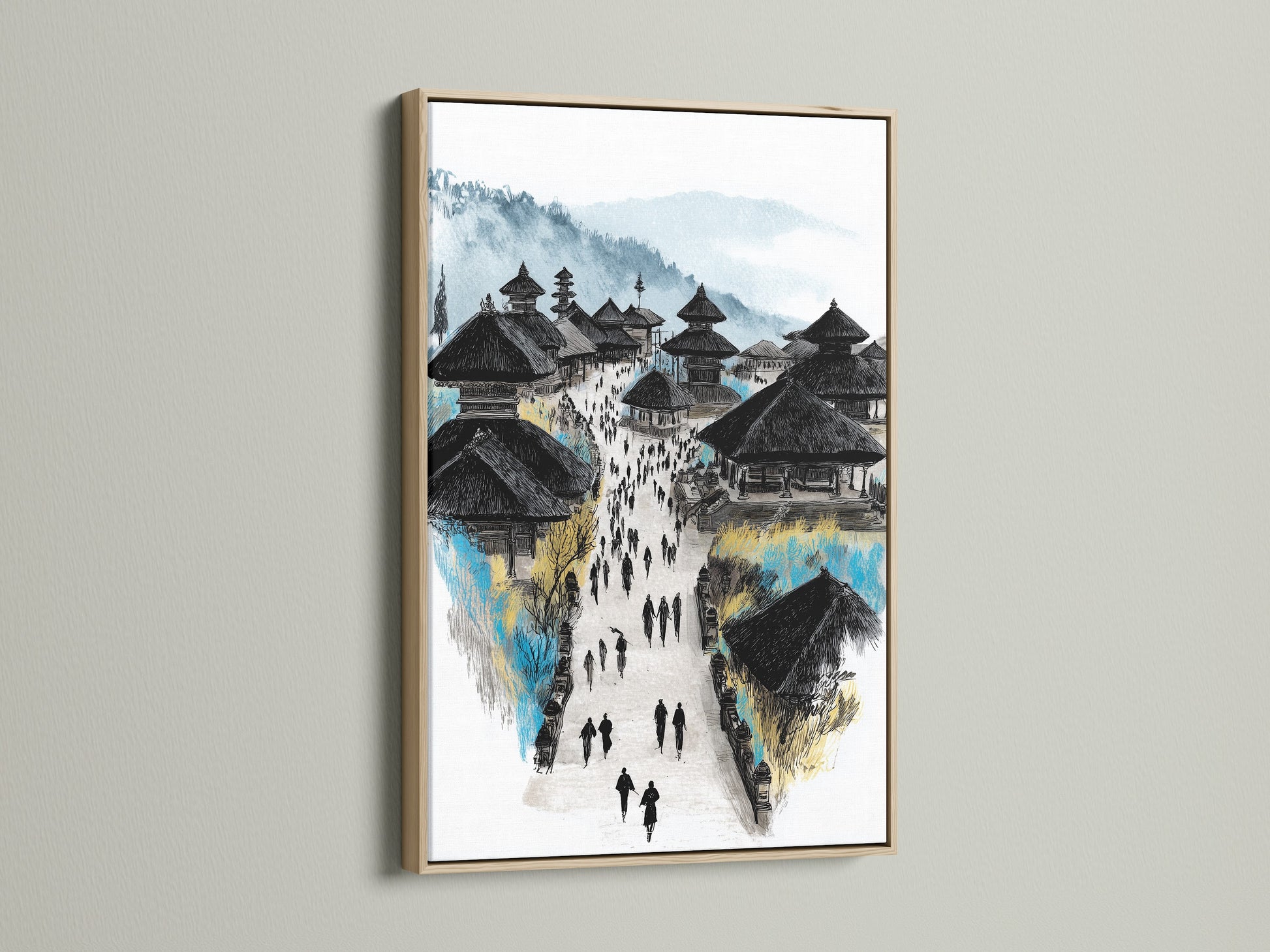 Balinese Temple art showcased in an oak frame. This travel wall art is ideal for homeowners and students. The Asian architecture adds a refined touch to any minimalist modern or bohemian style. Enhance your living room or bedroom with this cultural artwork.