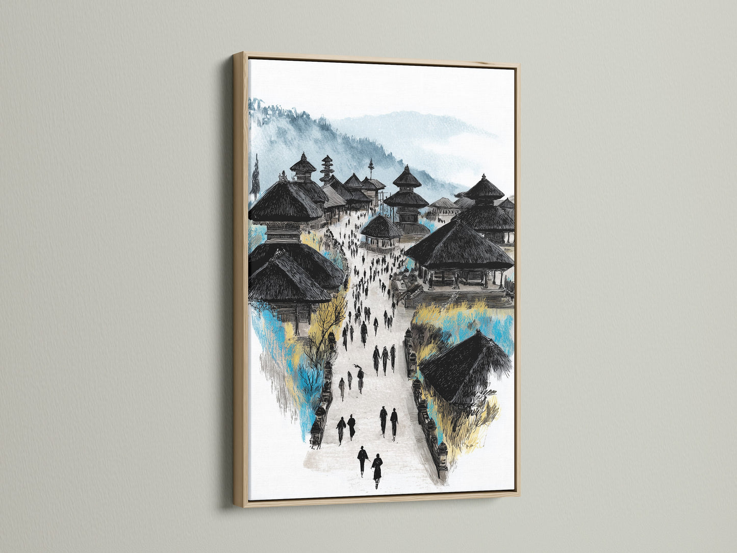 Balinese Temple art showcased in an oak frame. This travel wall art is ideal for homeowners and students. The Asian architecture adds a refined touch to any minimalist modern or bohemian style. Enhance your living room or bedroom with this cultural artwork.