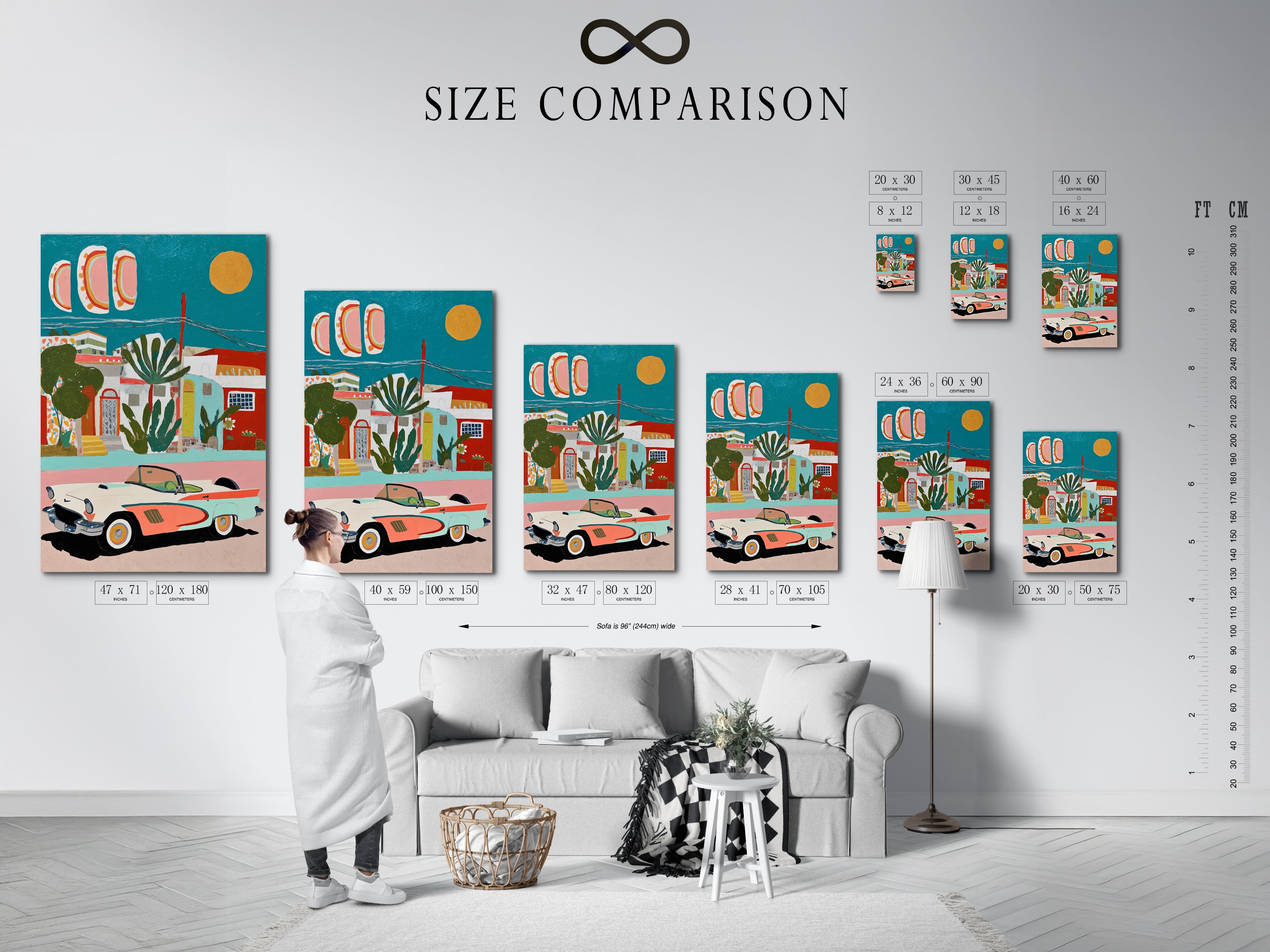 This is a size comparison chart displayed in an interior setting. The chart helps you visualize different sizes of artwork. You can see how each size fits in a real room. This is useful for choosing the perfect artwork for your space.