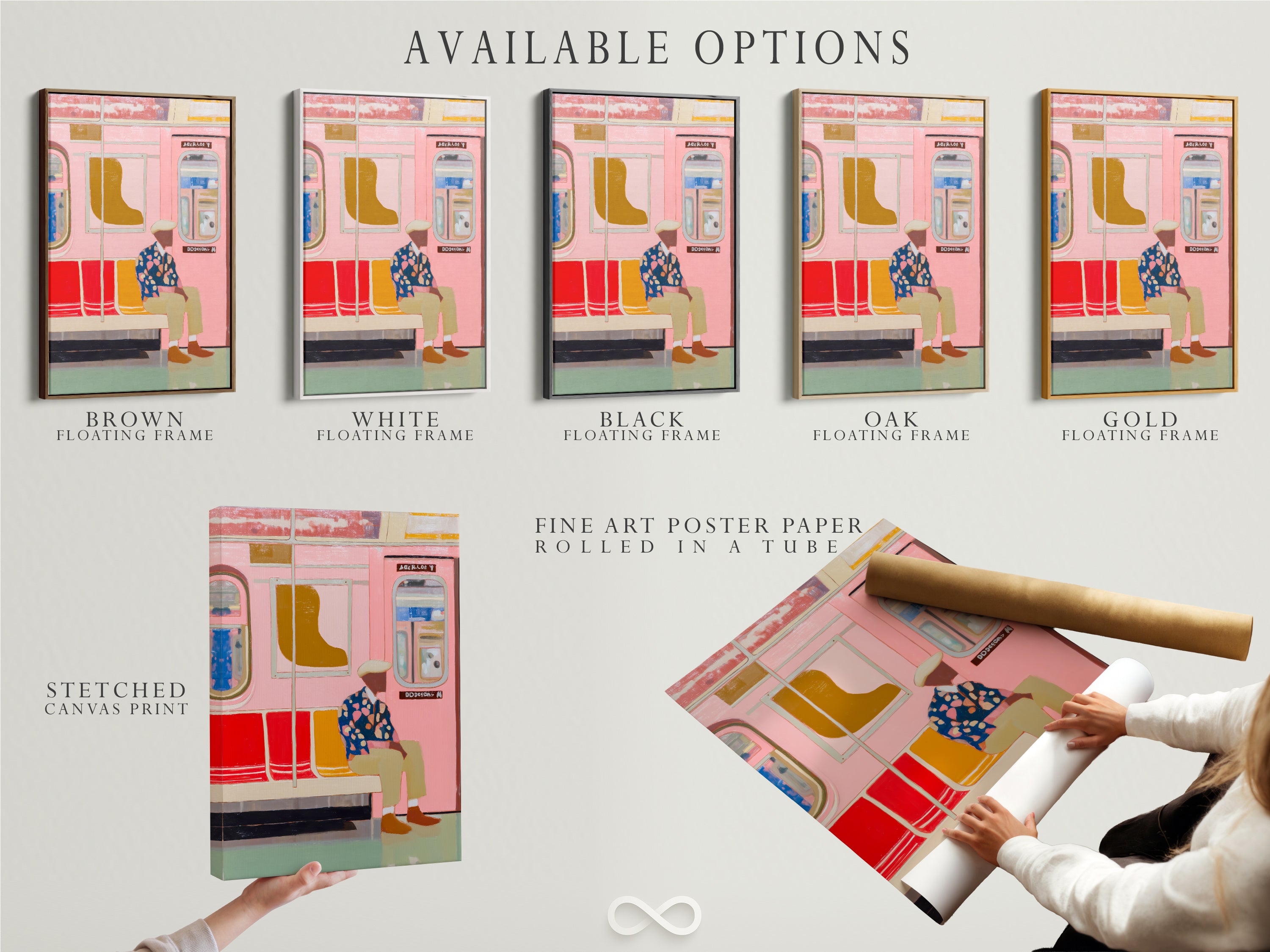 Available options for the Pink Subway Art Print. Choose from a stretched canvas print fine art poster paper or floating frame. This modern urban transit art offers versatile display styles. The contemporary city life poster is perfect for any space. Select the option that best suits your decor.
