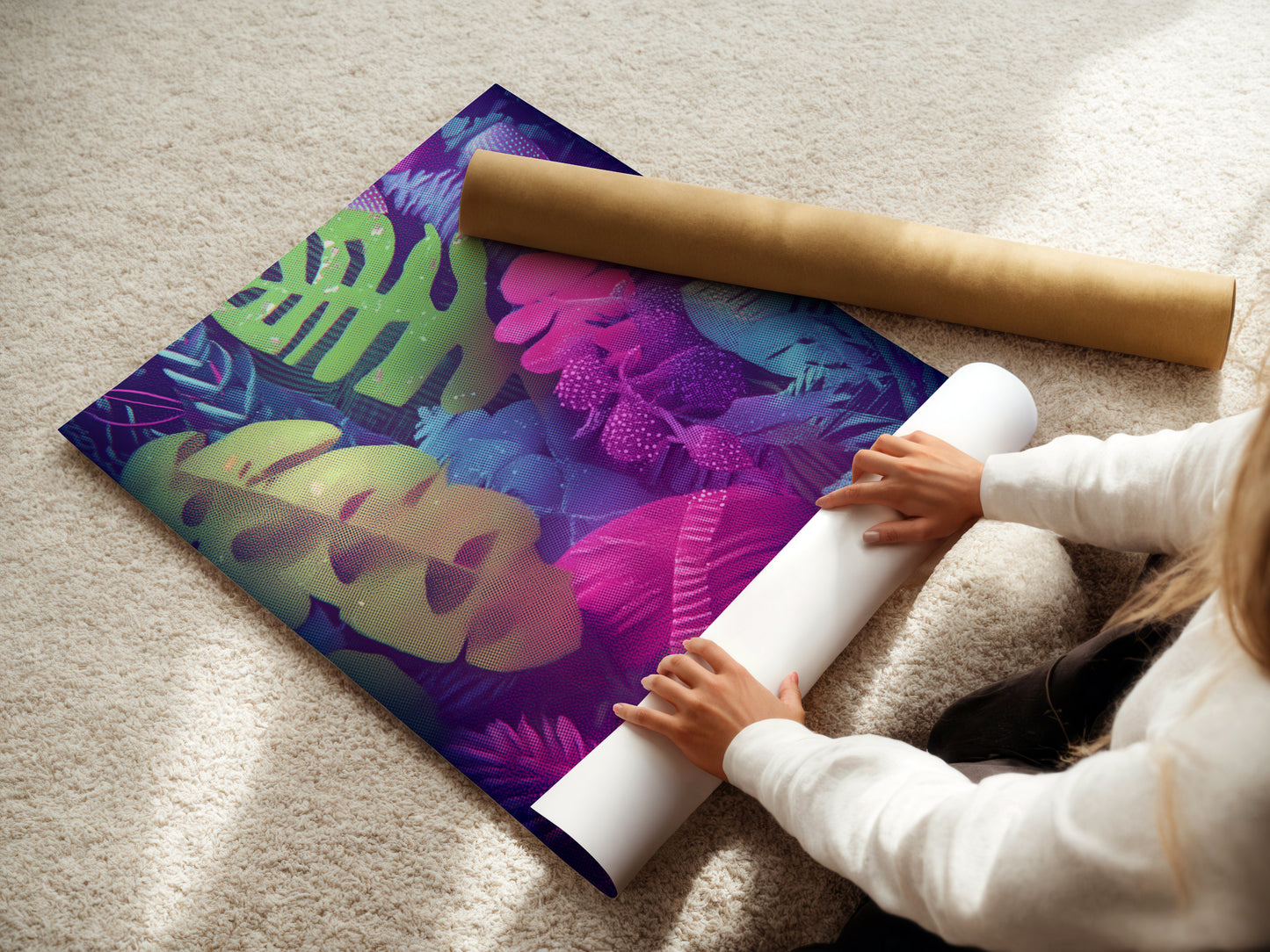 A woman is carefully rolling a fine art poster paper print of tropical leaves. The neon botanical wall art is ready to be displayed. This exotic foliage poster offers a high-quality print for your home decor. Ideal for art lovers.