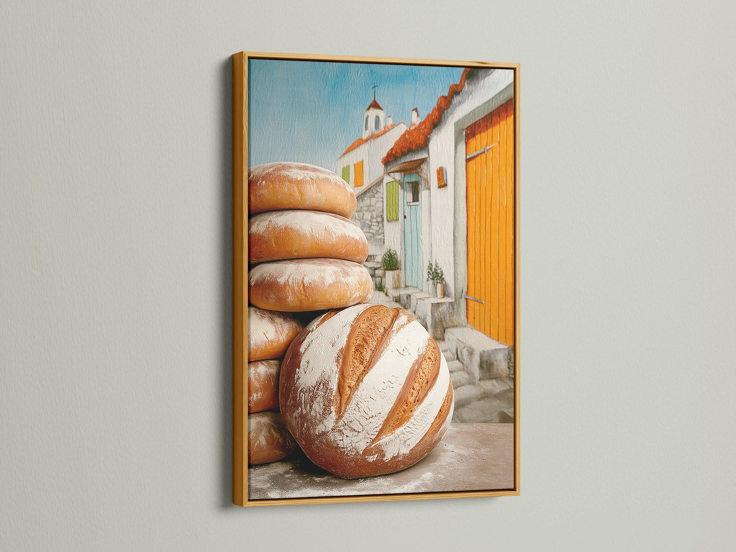 French bakery artwork in a gold frame. The bread poster brings a rustic touch. Perfect for bistros or dining room wall decor. It enhances farmhouse country or French-inspired styles. The piece is ideal as kitchen prints.