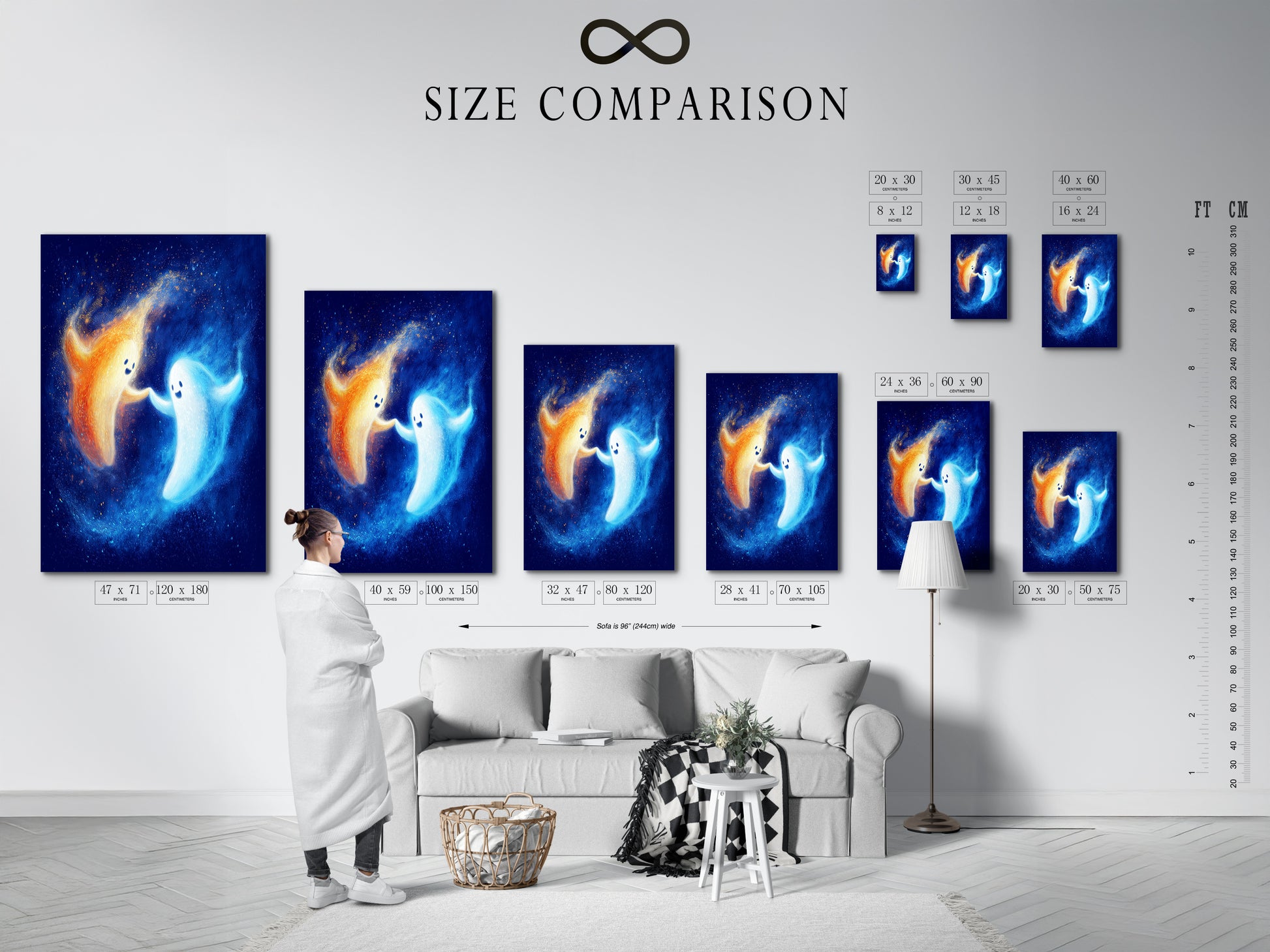 A size comparison chart is displayed in an interior setting. The chart shows various sizes for the cute ghost artwork. This playful art is perfect for kids' room decor. The whimsical print is ideal for nurseries. The spirit artwork brings fantasy to children art. Choose the perfect size for your space.