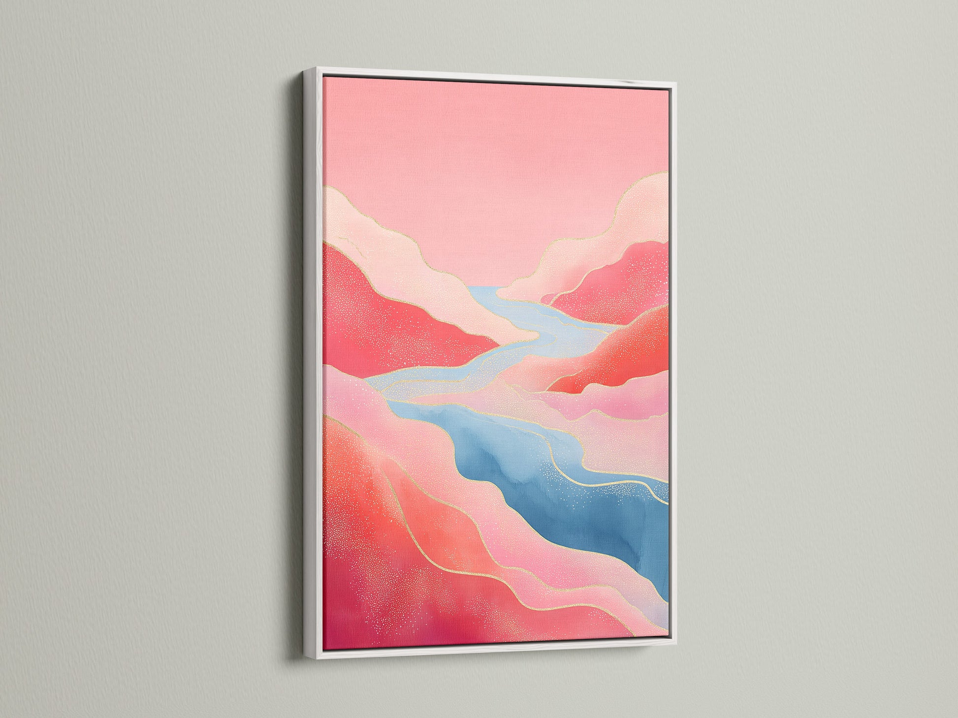 This white frame highlights an abstract landscape. The pink and blue tones bring a modern nature feel to the artwork. Ideal abstract wall decor for a minimalist bedroom wall art style.