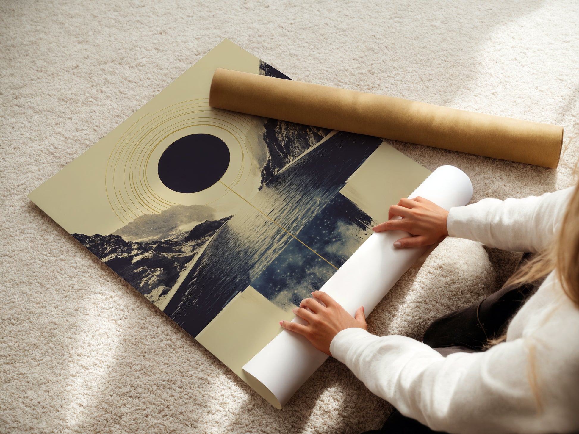 A woman is carefully rolling a fine art poster paper. This highlights the care in preparing artwork for display. The fine art poster paper ensures a high-quality print. Perfect for showcasing abstract and minimalist artwork. Add a touch of elegance to any room with this beautiful print.