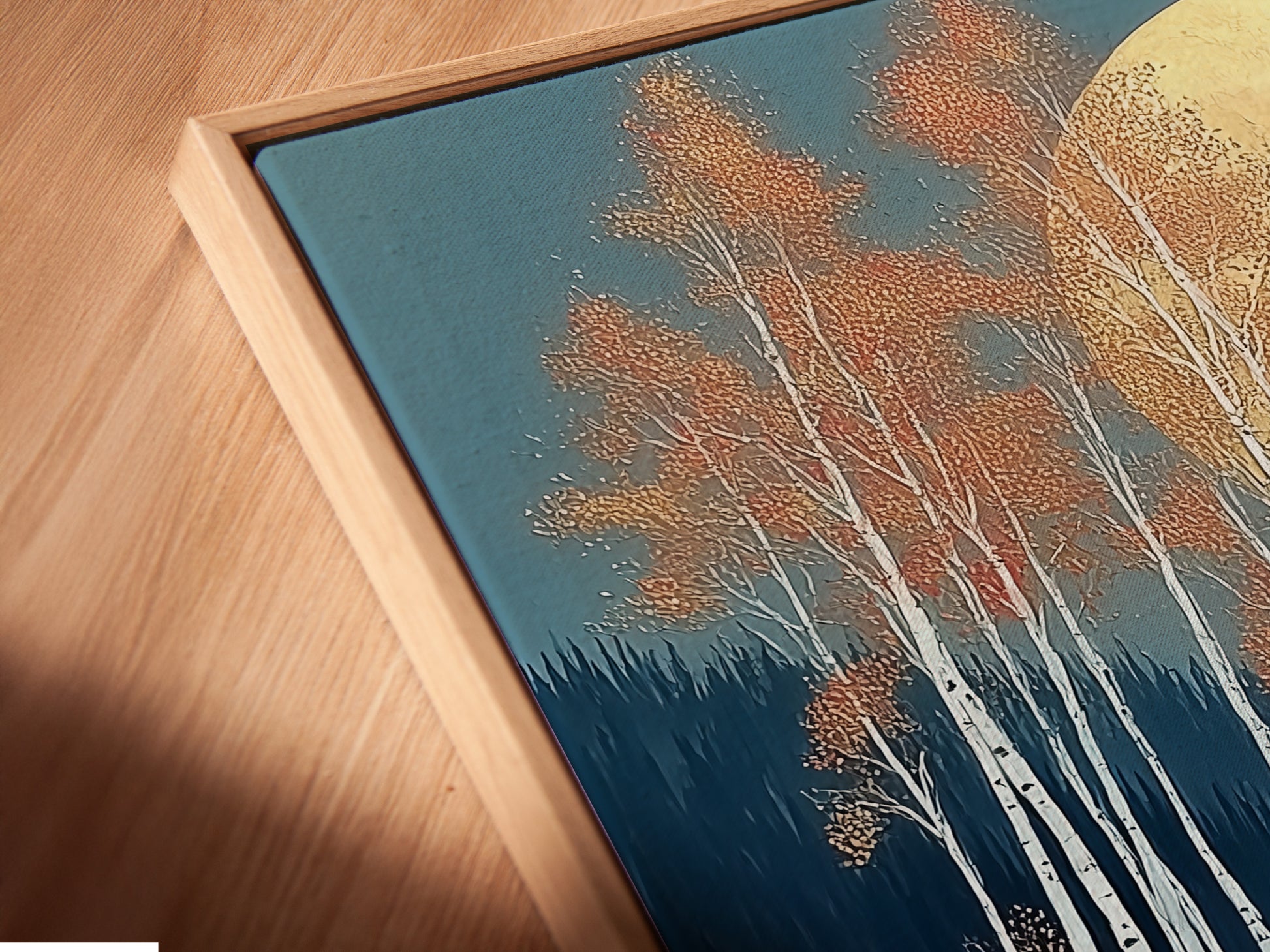 Close-up of a Winter Ski Lodge canvas print in a floating frame. The frame adds depth and dimension. Perfect for showcasing modern alpine artwork. It enhances the beauty of the snowy mountain scene. This art print is ideal for creating a cozy atmosphere. A stylish wall art choice.