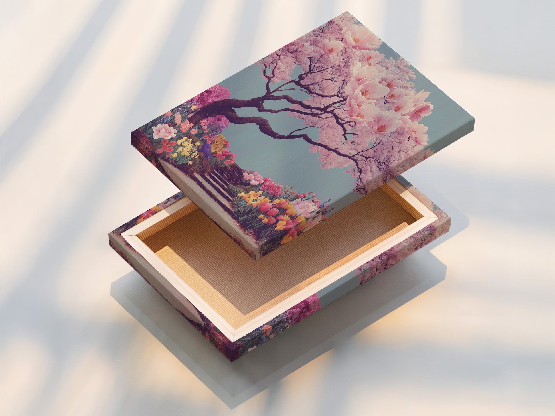 A stretched canvas print of a cherry blossom tree artwork ready to hang. The pink sakura wall art is vibrant and eye-catching. This Japanese garden canvas print is perfect for any room. Enhance your living room bedroom or office with this nature canvas art. The floral wall decor complements modern interiors.