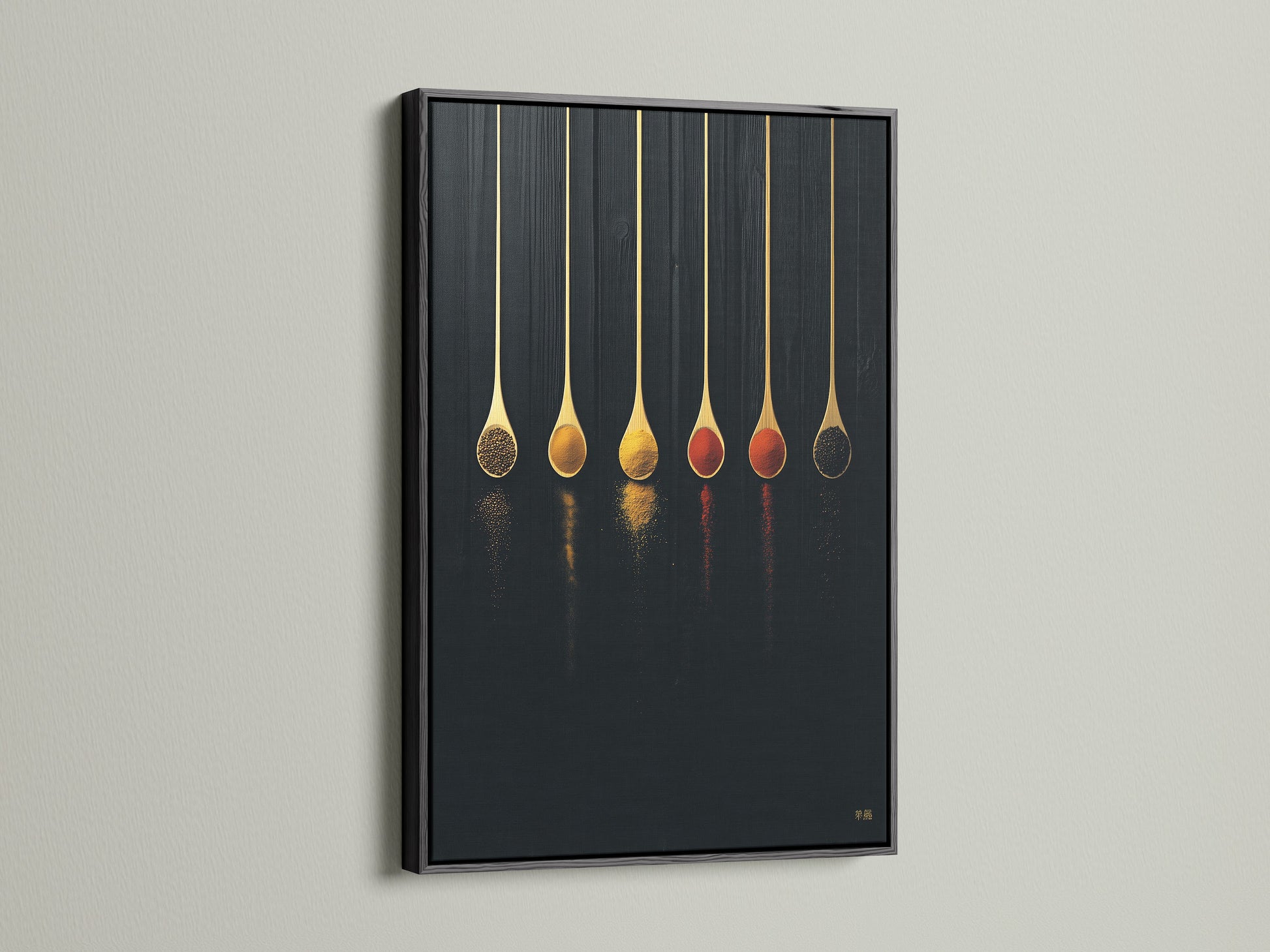 Spice Spoons canvas print with a black frame. This culinary art poster is ideal for modern kitchens. It complements dining areas and cafes. The spoon print creates a minimalist look. This food art print is the perfect chef gift. Enhance your space with this dark academia artwork.