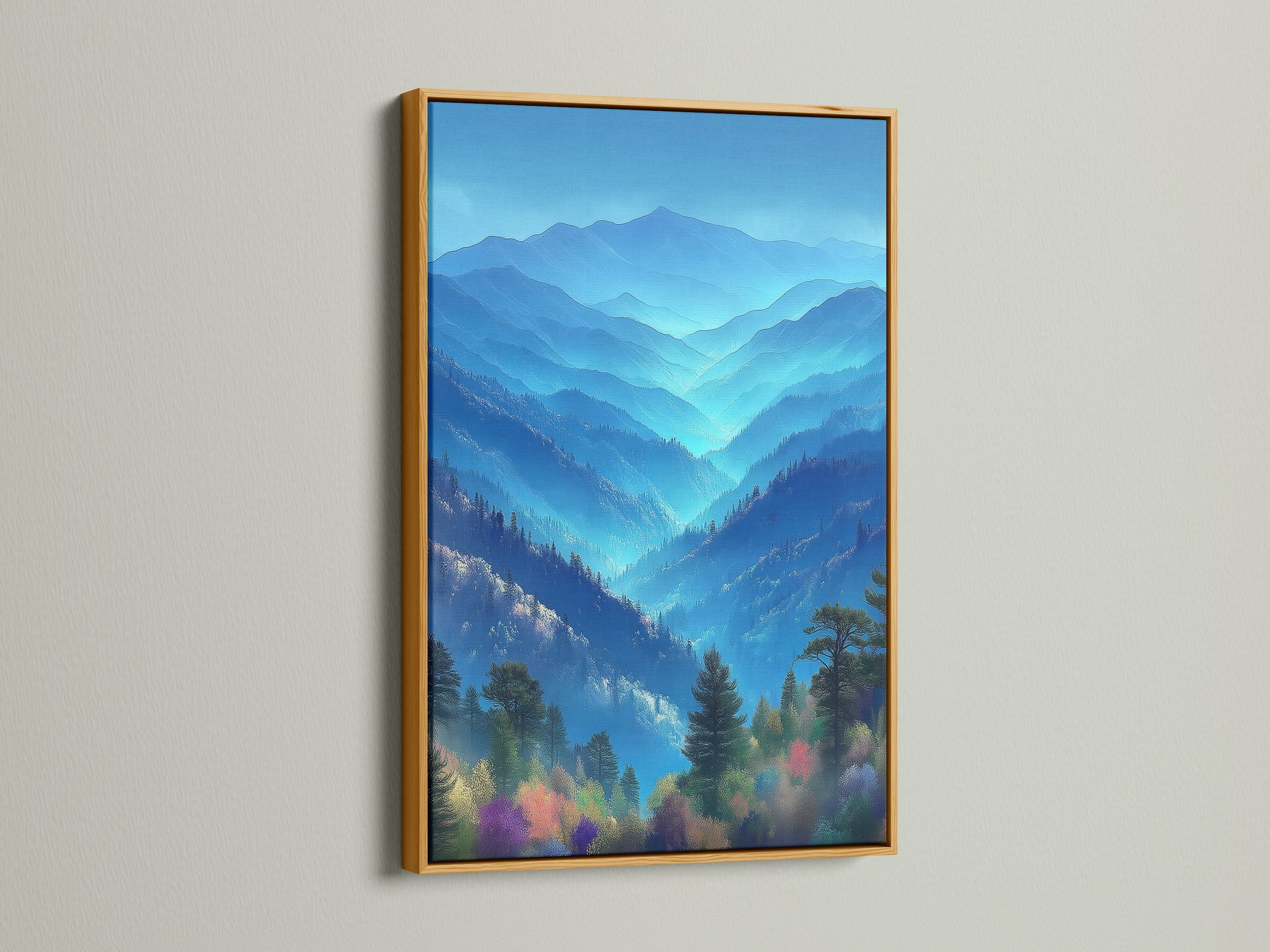 Admire this nature print of misty mountains in a gold frame. The gold frame adds elegance. This landscape wall art is perfect for bedroom art. Create a serene atmosphere with this mountain decor. Enjoy the beauty of nature indoors.