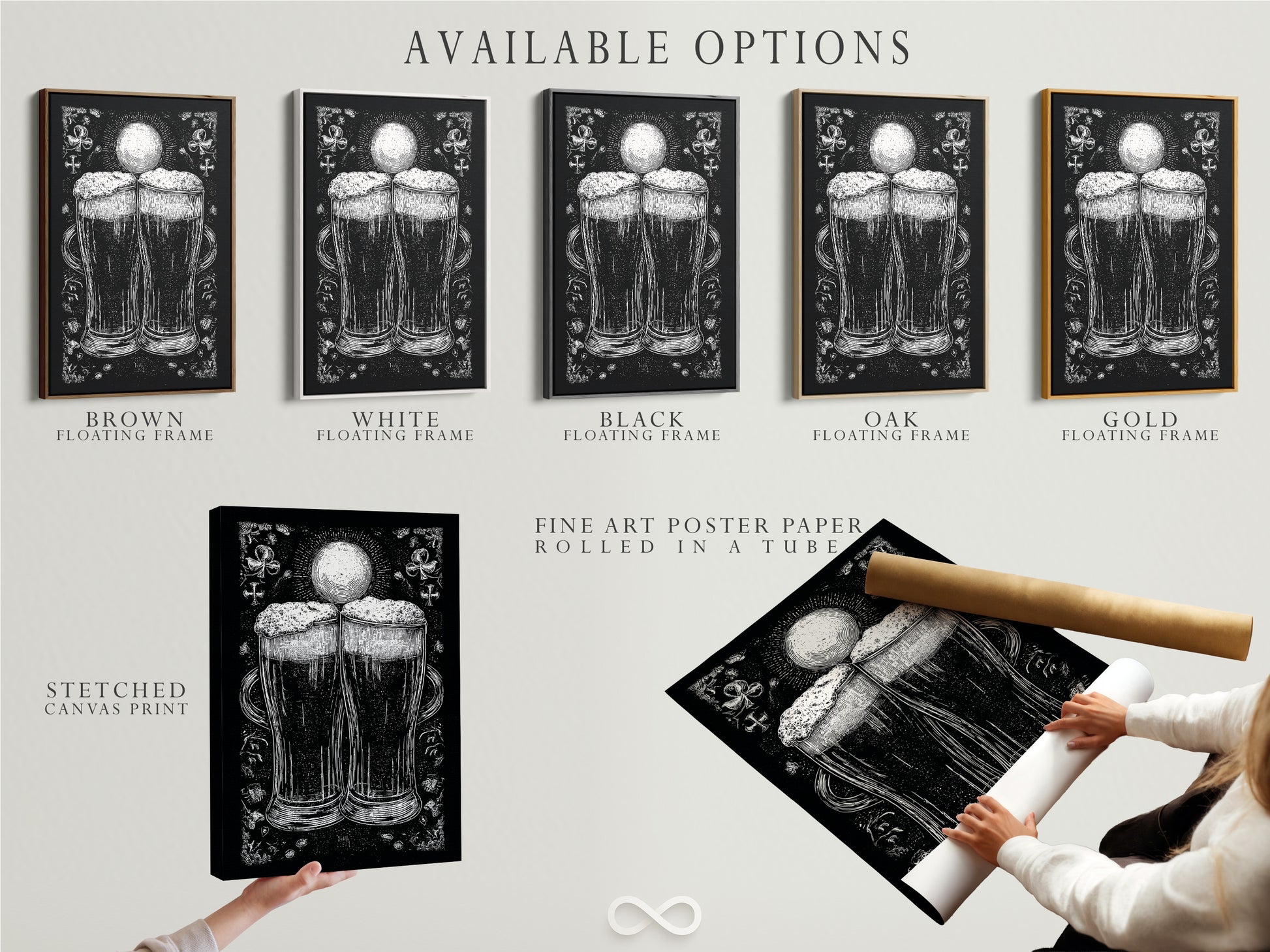 Available options are showcased. They include a stretched canvas print. There is also fine art poster paper. And a floating frame option. The artwork features a monochromatic illustration of two beer glasses. Select the perfect medium and frame. Customize your artwork to fit your style.