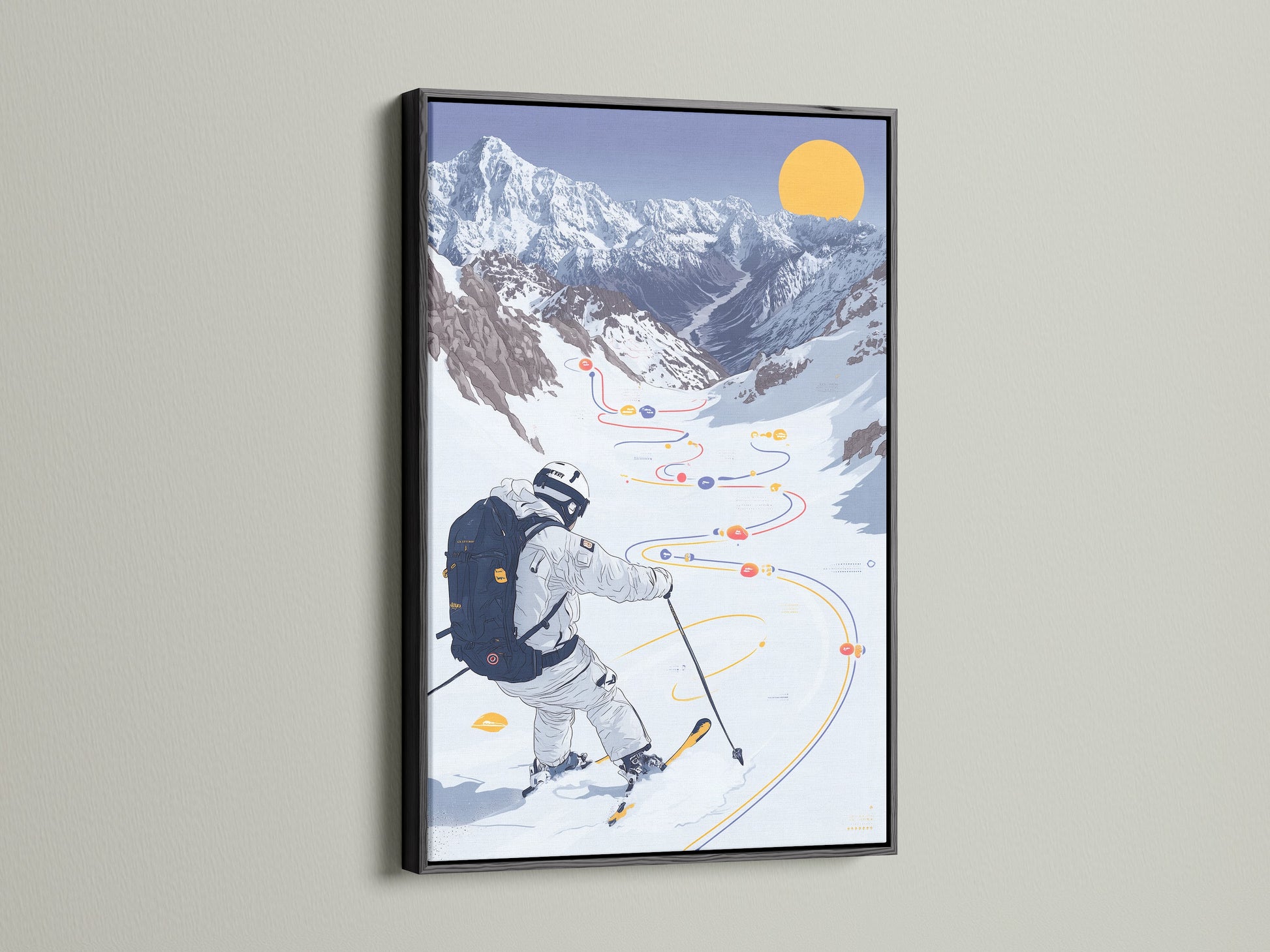 Skiing Mountain canvas print with a black frame. The black frame adds a touch of sophistication to this winter sport artwork. The snowy landscape poster is a striking addition to any room. Perfect for stagers and interior decorators. This piece elevates modern minimalist or chalet styles.