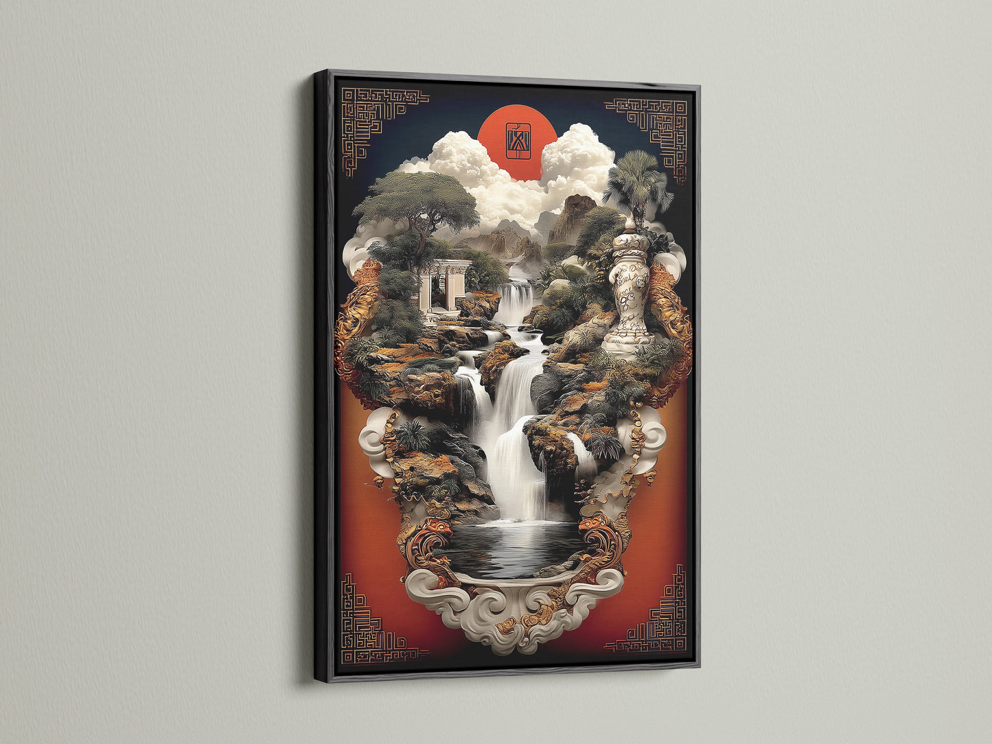 Black frame featuring a waterfall landscape canvas print. Discover the beauty of this Asian Zen Garden Wall Art. The oriental style artwork adds a spiritual touch. Perfect serene scenery for calming art and meditation.