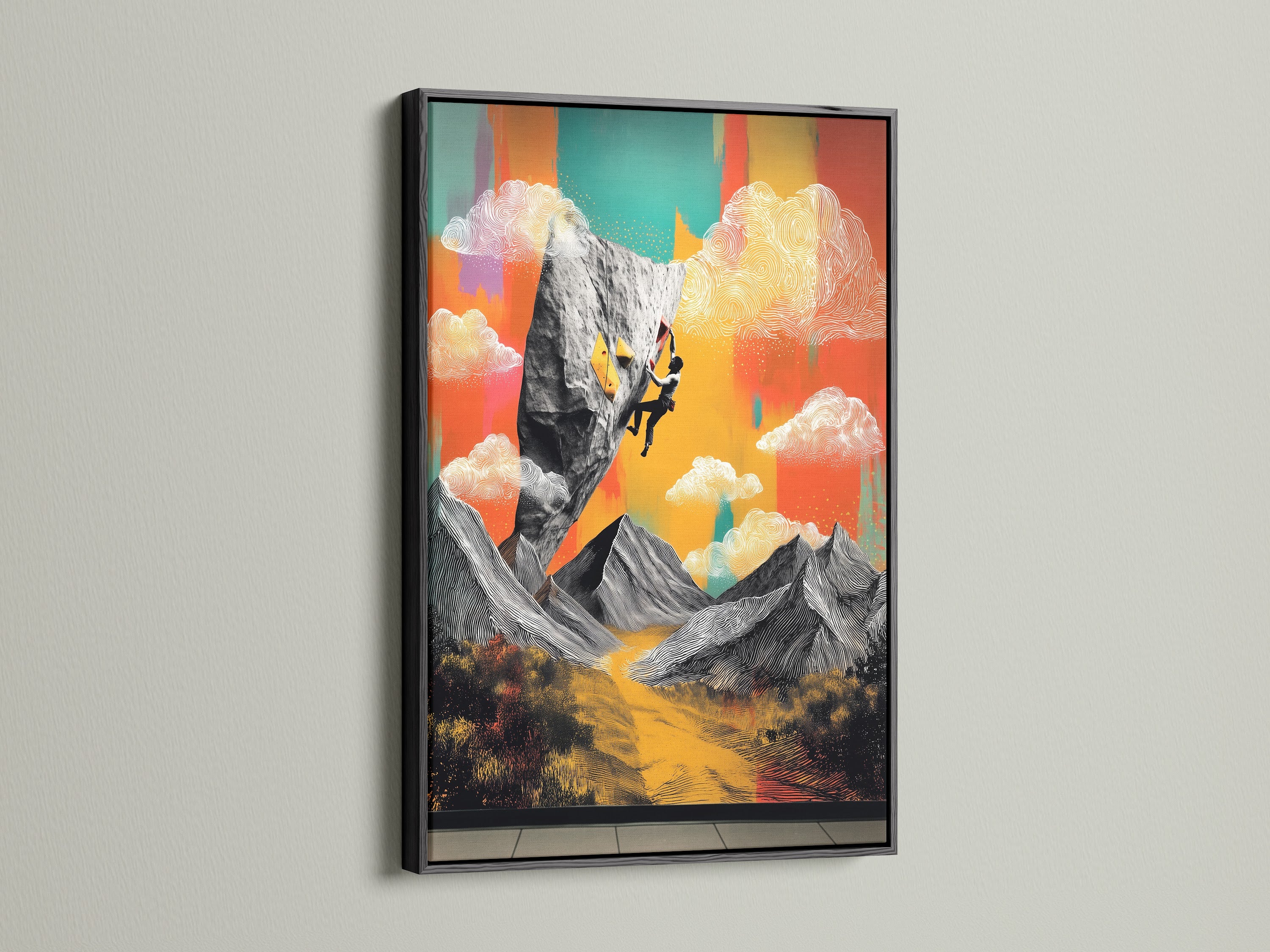 Rock climbing art in a black frame. The artwork features a vivid mountain landscape. This is a striking visual. The black frame adds a touch of sophistication to any space. Perfect for modern homes or offices.