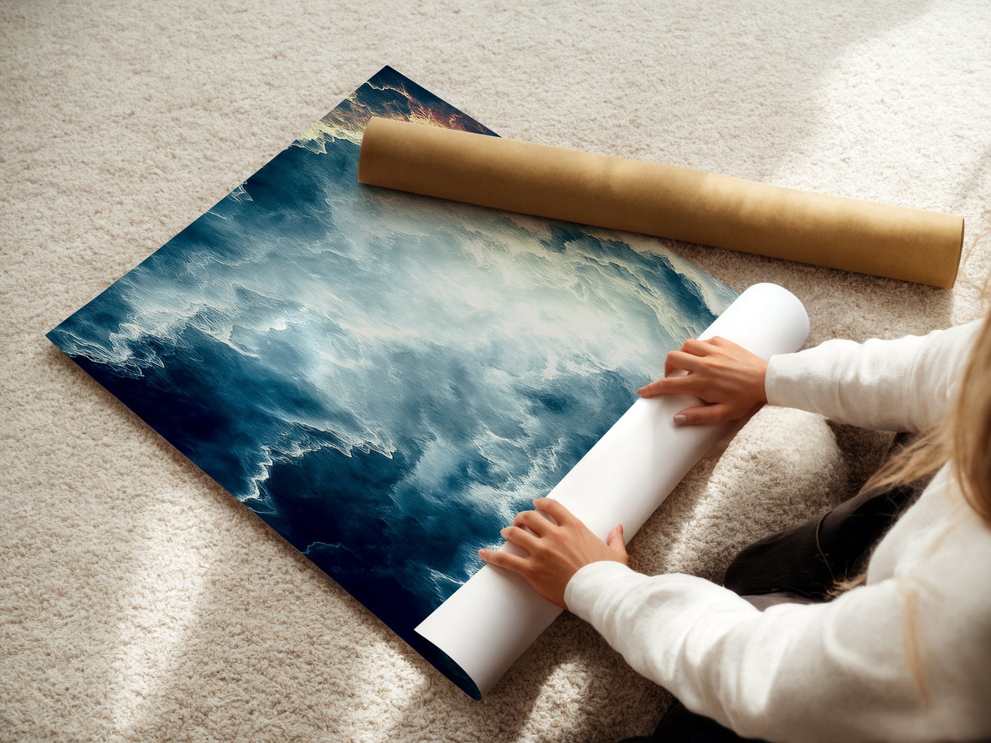A woman carefully rolling a fine art poster paper. She is preparing this dreamy artwork for shipment. High-quality materials ensure a stunning final product. Experience the beauty of this abstract cloudscape in your home or office. Order yours today.