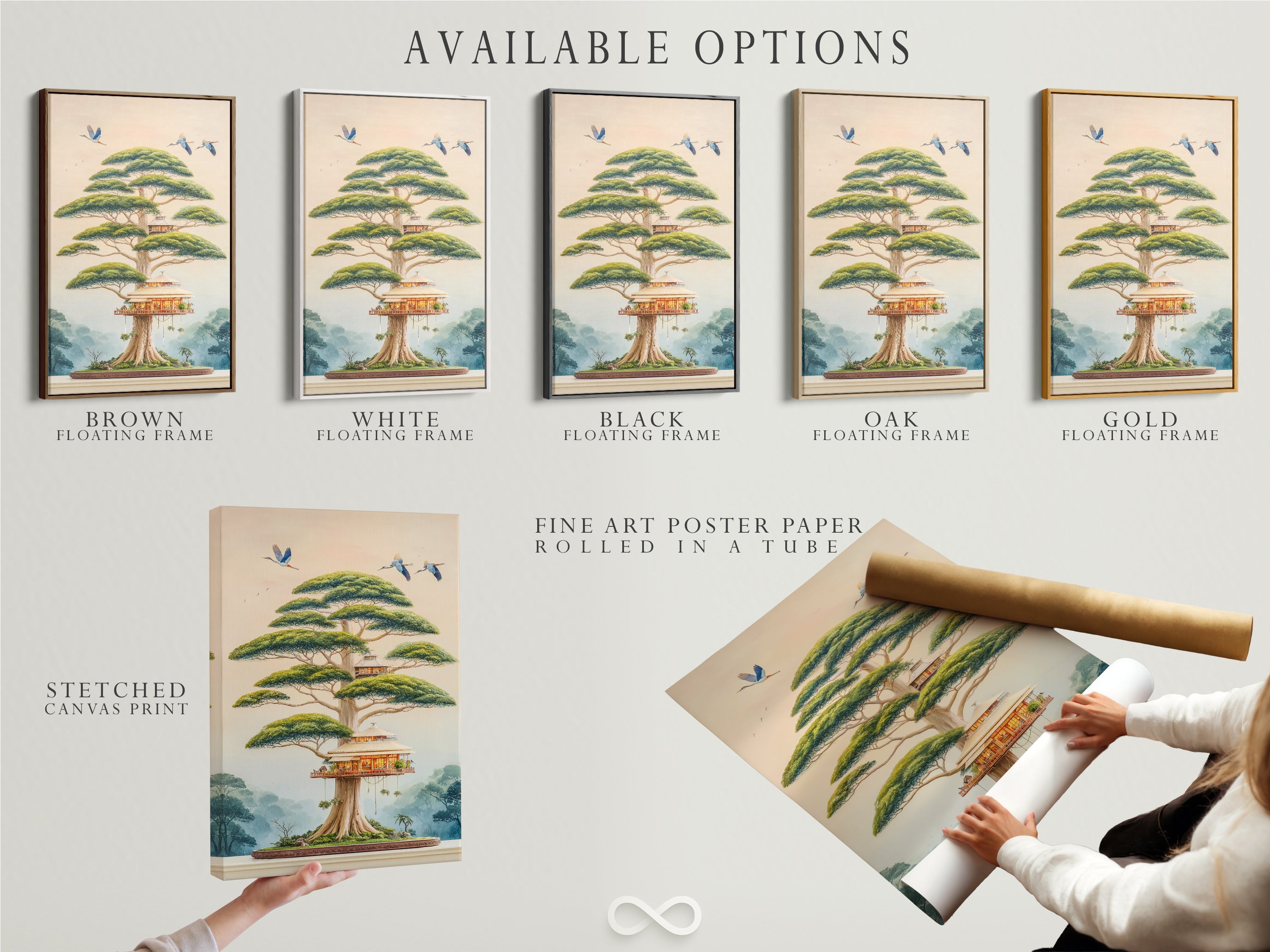 Explore available options for the Japanese Bonsai Tree House art. Choose from a stretched canvas print a fine art poster paper or a floating frame. Perfect for zen wall artwork in any room. Discover Asian-inspired artwork today.