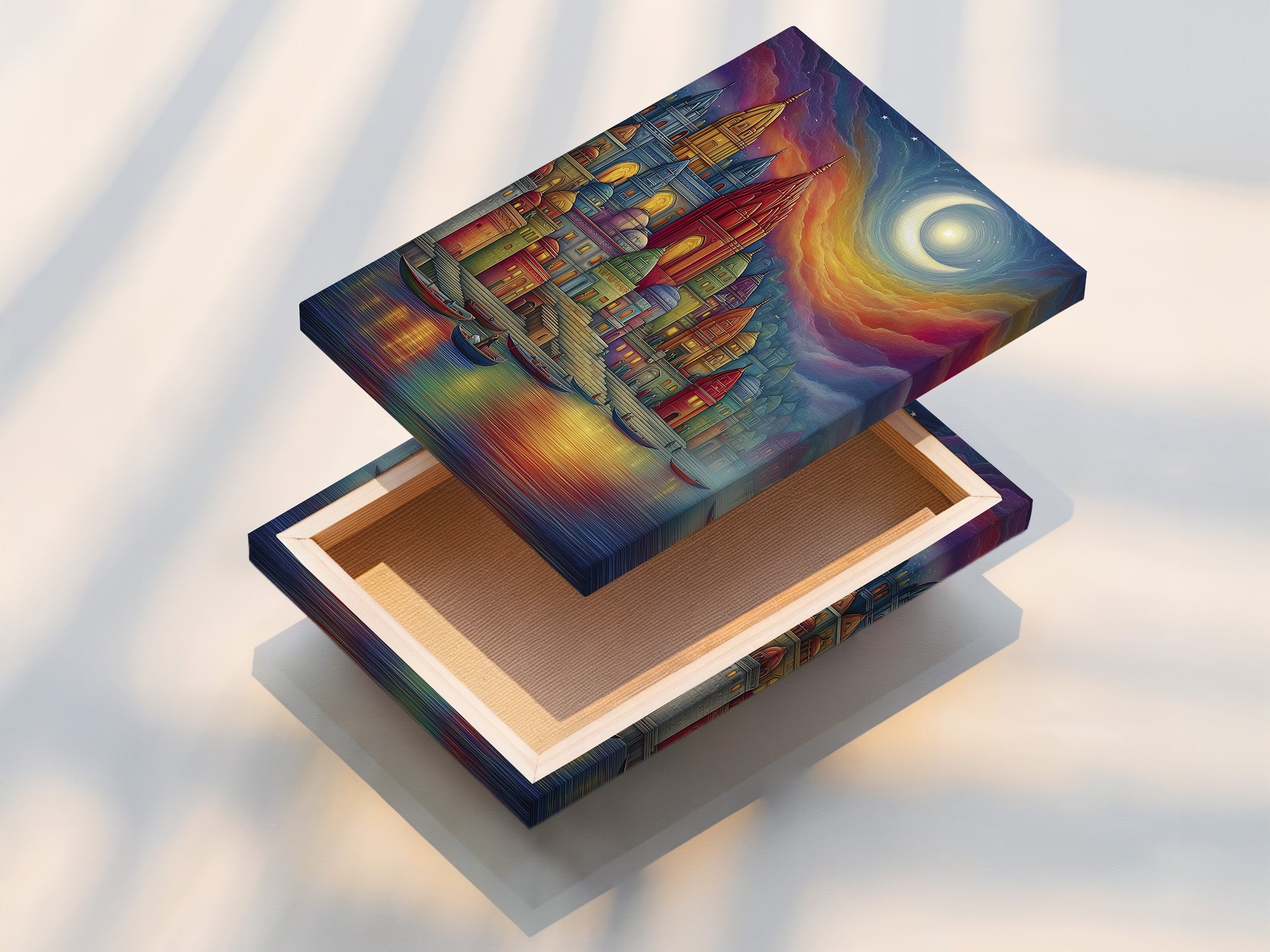 Stretched canvas print of fantasy castle artwork. The colorful medieval architecture is vibrant. This whimsical fairytale piece elevates any space. It's perfect for living rooms bedrooms offices and boutiques. The stretched canvas enhances the art.