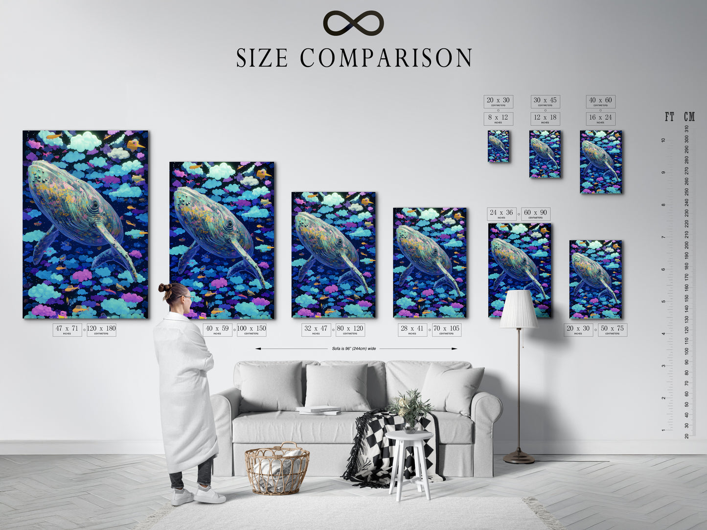 Size comparison chart in an interior setting. The Whale Canvas Print displays dreamy surreal wall art. It helps visualize the ideal size for kids room decor. Explore fantasy sea life prints and cloudscape art.