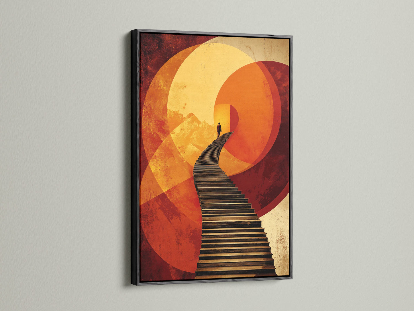 This surreal stairway canvas print is framed in sleek black. The abstract figure wall art commands attention. Geometric sunset poster for office wall decor adds drama. Consider this for a bold statement in modern art.