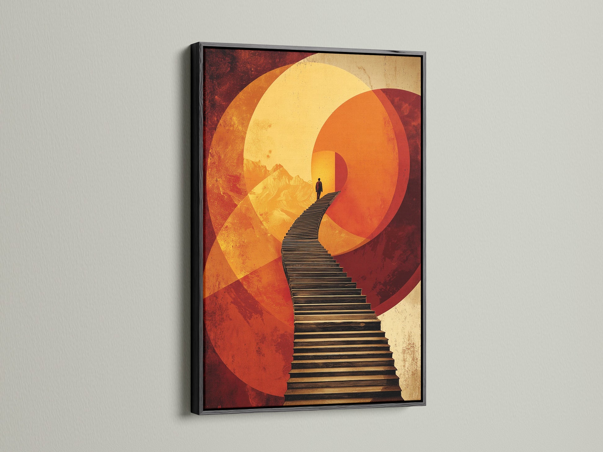 This surreal stairway canvas print is framed in sleek black. The abstract figure wall art commands attention. Geometric sunset poster for office wall decor adds drama. Consider this for a bold statement in modern art.