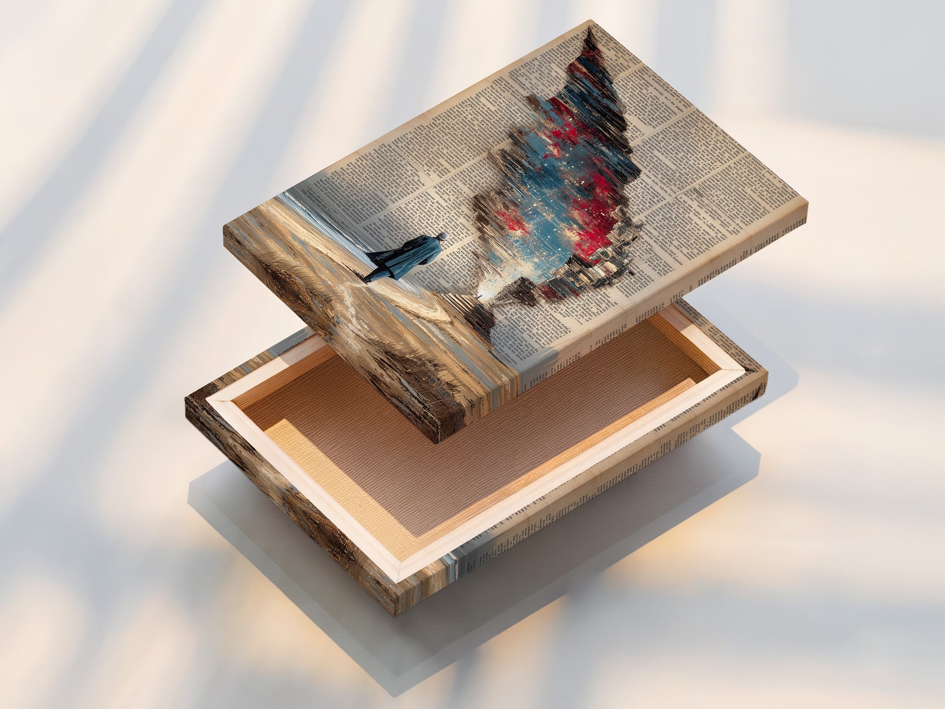 The stretched canvas print showcases a surreal artwork. The cosmic sky elements are vibrant and captivating. Ready to hang and transform your space. This vintage book page canvas adds character to any room. Perfect for office or home decor. A unique piece of literary art