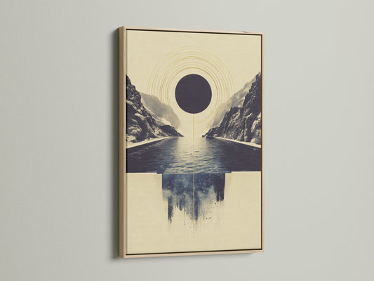 Abstract Infinity Pool artwork in an oak frame. This modern minimalist print showcases a geometric seascape. The oak frame enhances the artwork's natural beauty. Elevate your living room or office with this calming art print. It complements minimalist and Scandinavian styles.