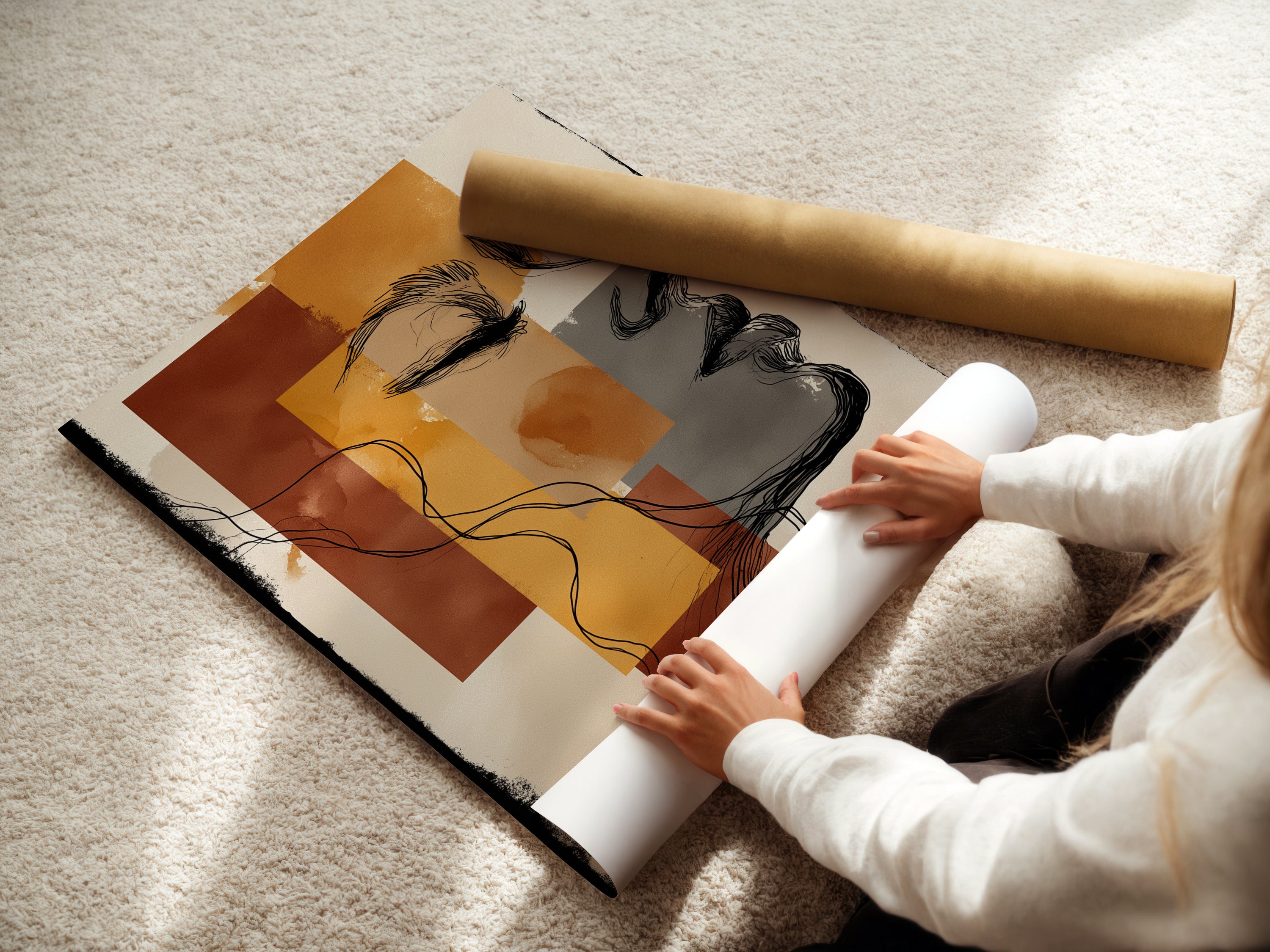 A woman is carefully rolling a fine art poster paper. Preparing it for framing or display. The paper showcases an abstract woman profile art print. The modern line drawing style adds a unique touch. The terracotta and mustard wall art tones create a warm aesthetic. Perfect for art enthusiasts and interior decor projects. High-quality materials ensure lasting beauty.