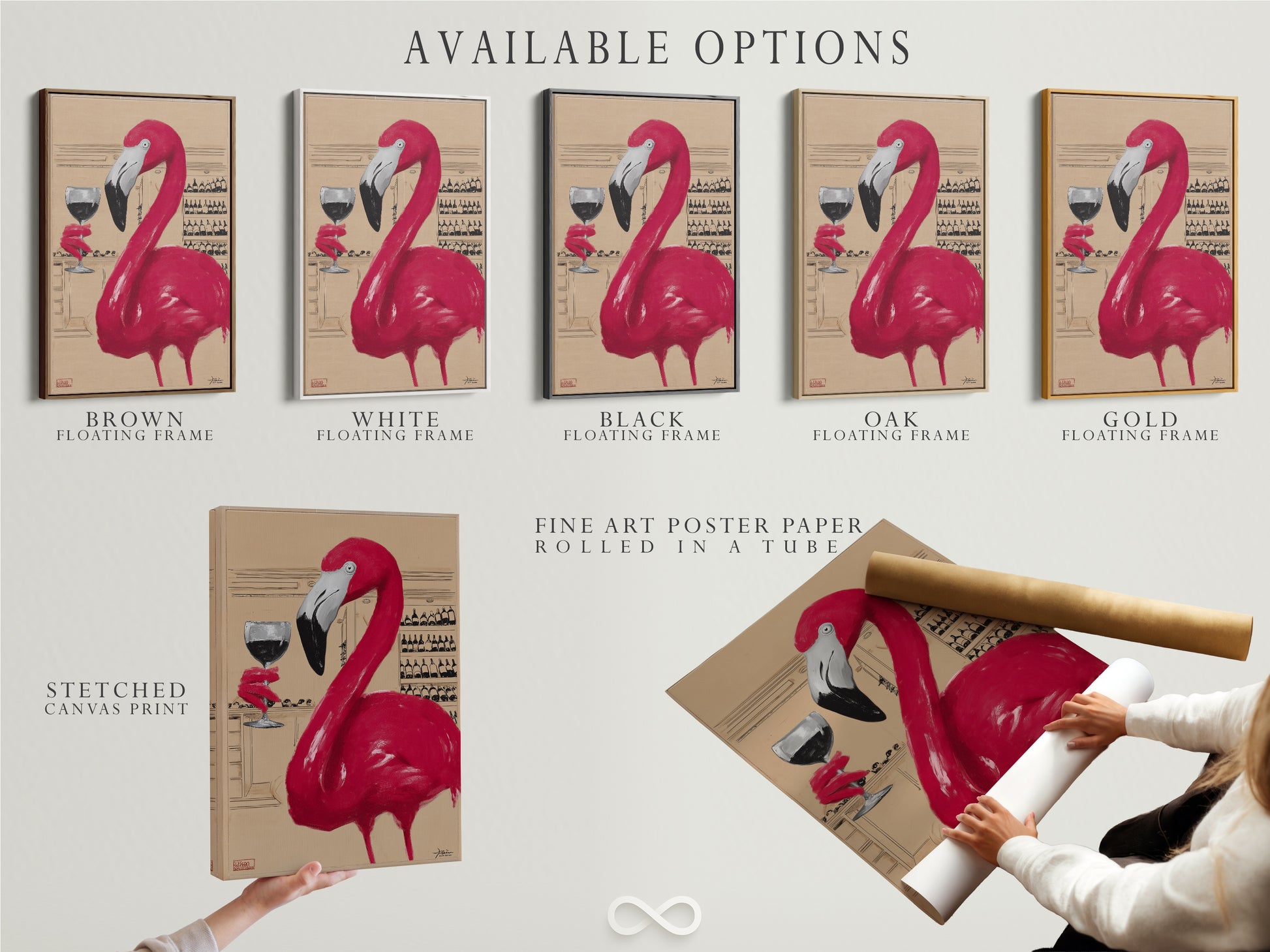 The available options are displayed. This includes stretched canvas prints fine art poster paper and floating frames. Customize your flamingo wine artwork to match your style. Choose the perfect format for your home or bar decor.