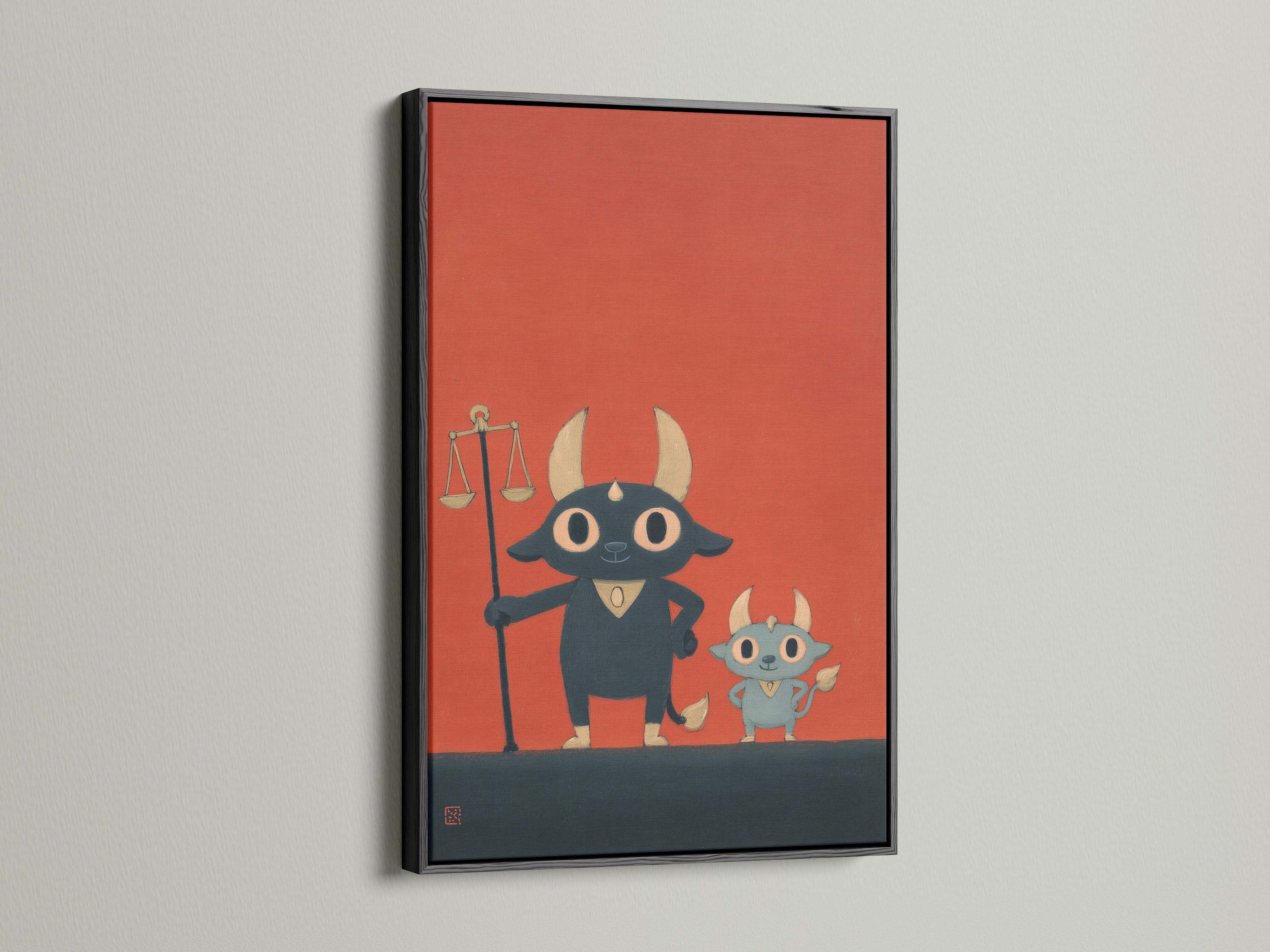 The Justice Bull art is presented in a black frame. This is a contemporary artwork. It features a cute cartoon animal. The art print is ideal for legal office decor. It makes a unique lawyer gift. This piece adds a modern touch to any law firm.