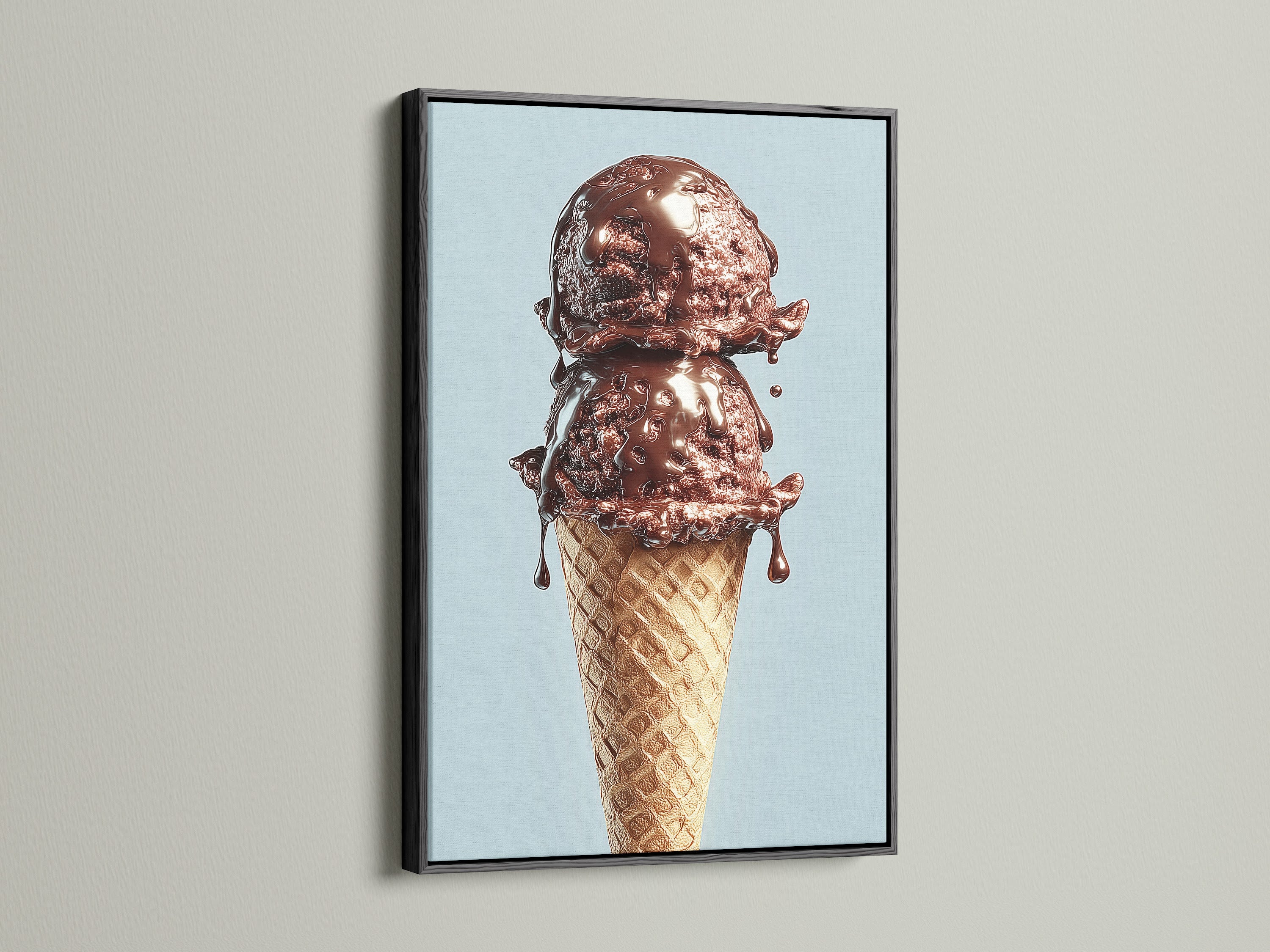 A chocolate ice cream cone artwork is showcased in a black frame. The artwork is displayed on a white wall. The sleek black frame adds a touch of sophistication and contrast. This frame makes the artwork stand out. A perfect addition to any space.