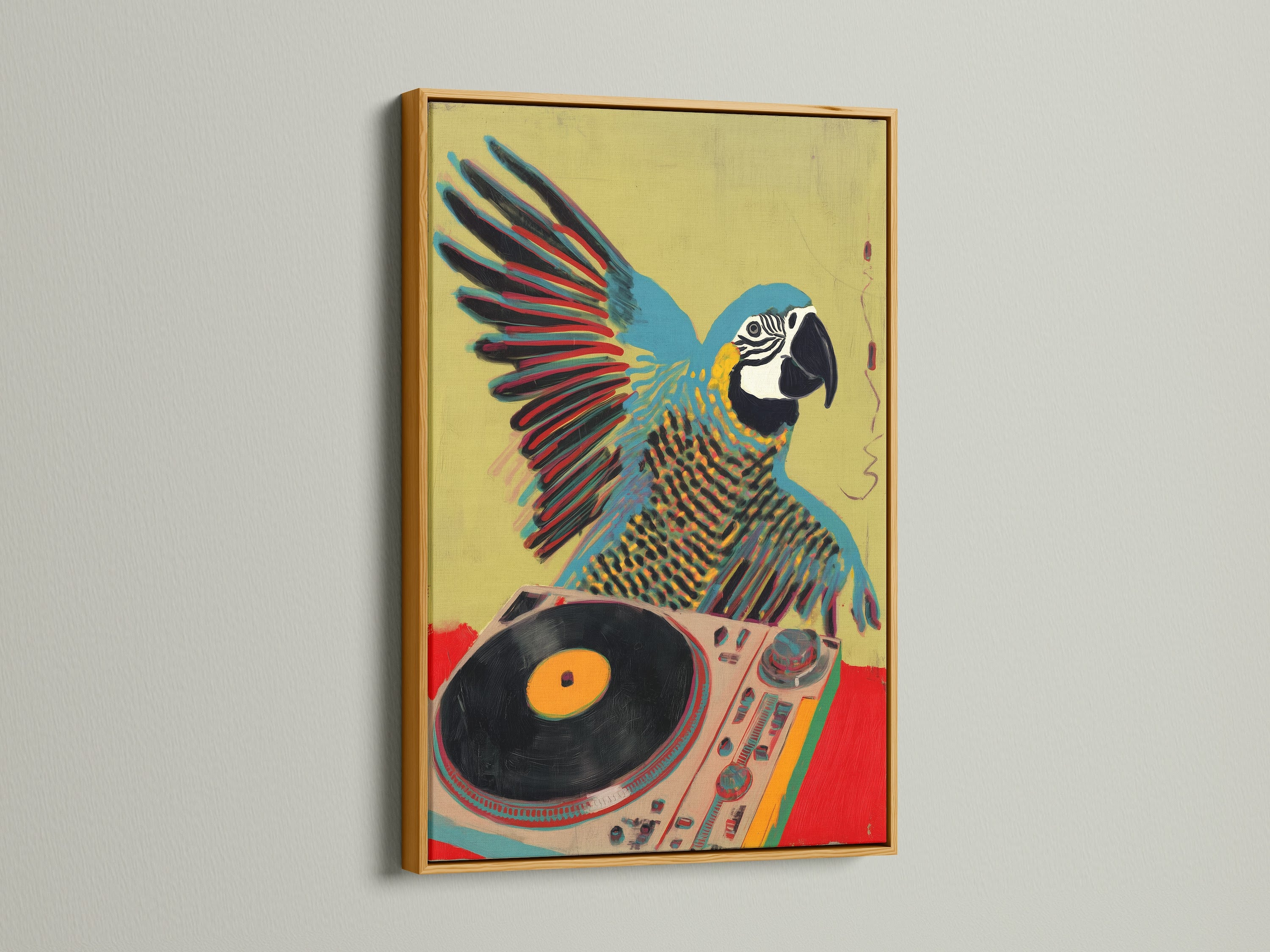 A gold frame holds the parrot DJ artwork. The gold frame adds a touch of luxury and elegance. This is suitable for art collectors and music lovers. The tropical bird print shines in gold. Shop the gold frame option.