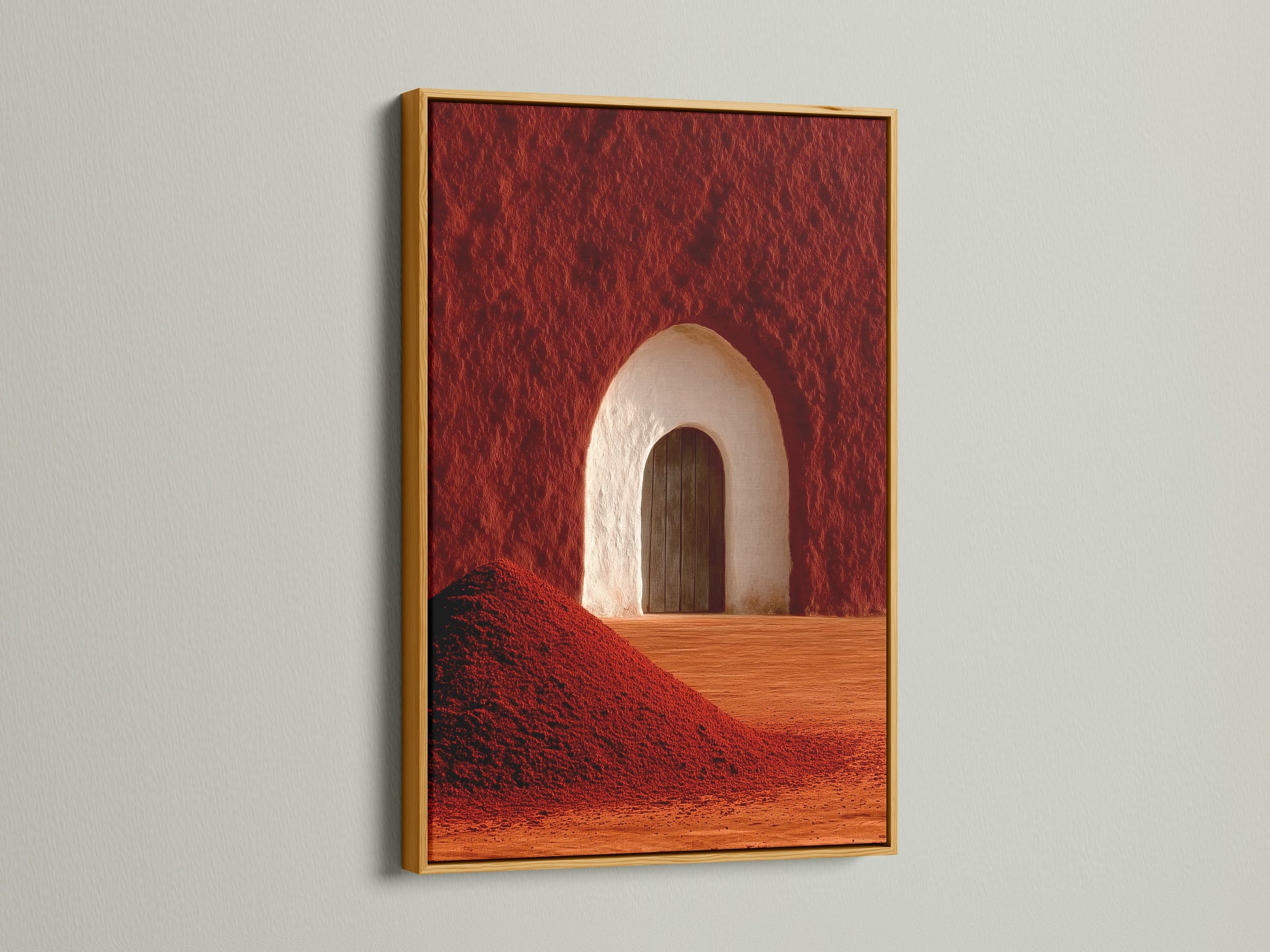 The desert arch artwork is displayed in a gold frame. This adds a touch of elegance. This terracotta abstract canvas complements modern and boho styles. It is ideal for enhancing living rooms or bedrooms. This southwest decor is unique.