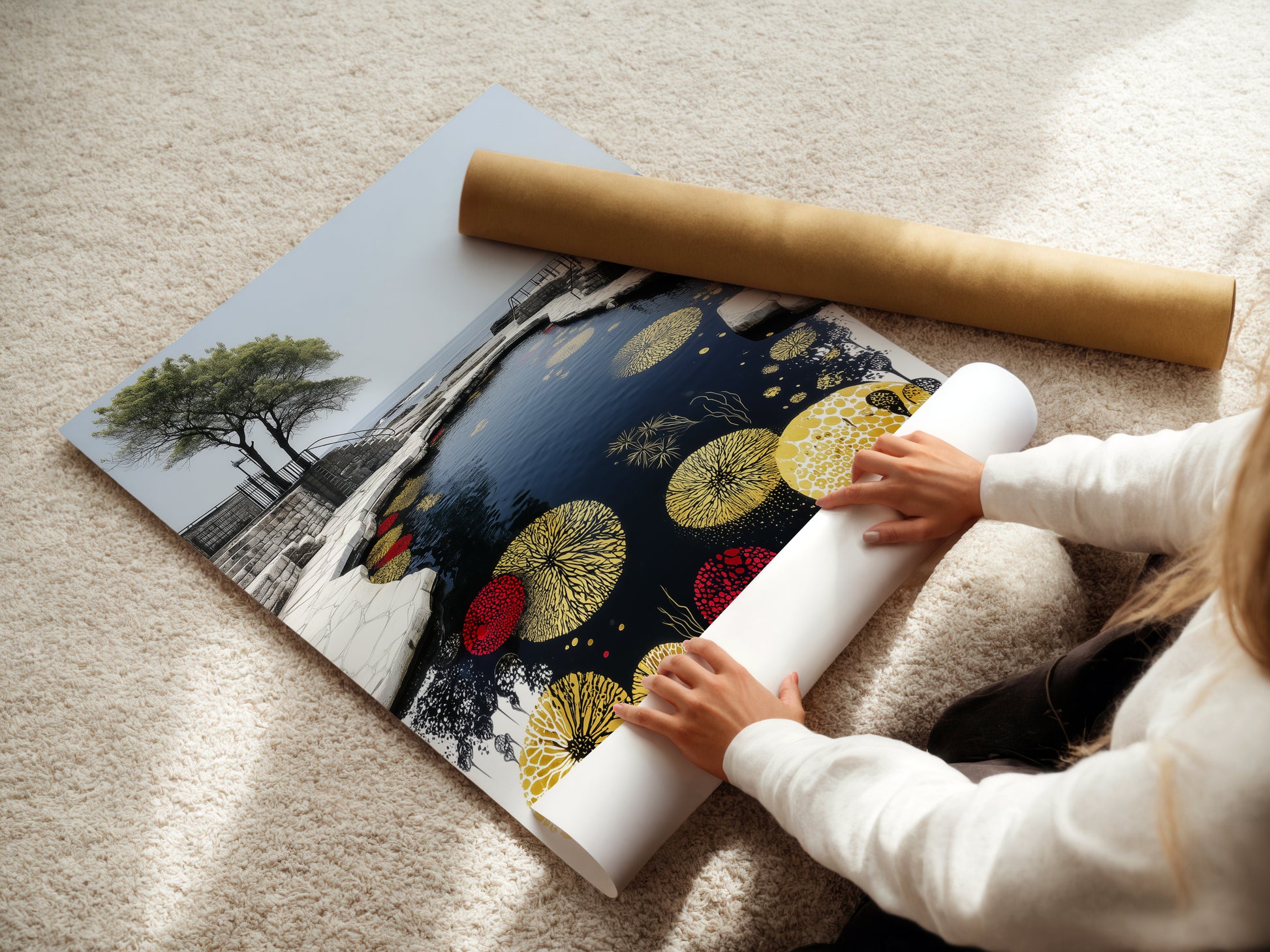A woman carefully rolls a fine art poster paper. This highlights the delicate handling of high-quality materials. We ensure your Japanese Zen Garden Art arrives in pristine condition. Ready to enhance your space