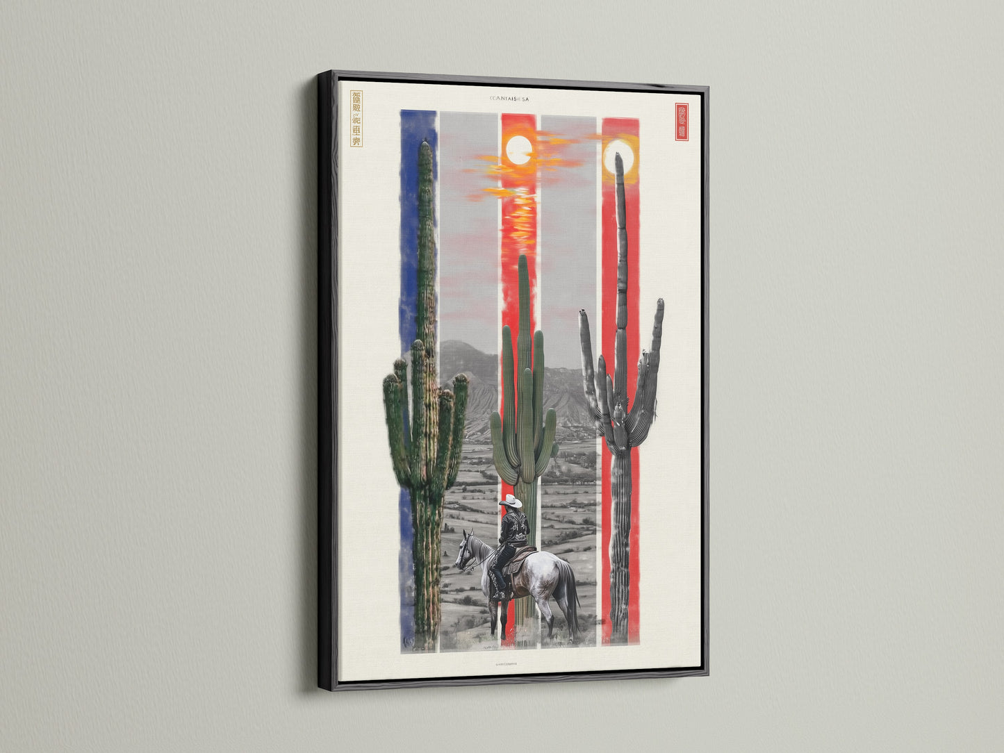 A striking desert scene is presented in a black frame. This cowboy wall art features bold cacti. This piece offers a modern contrast. Perfect for adding a touch of the southwest to contemporary interiors. The black frame accentuates the artwork's details.