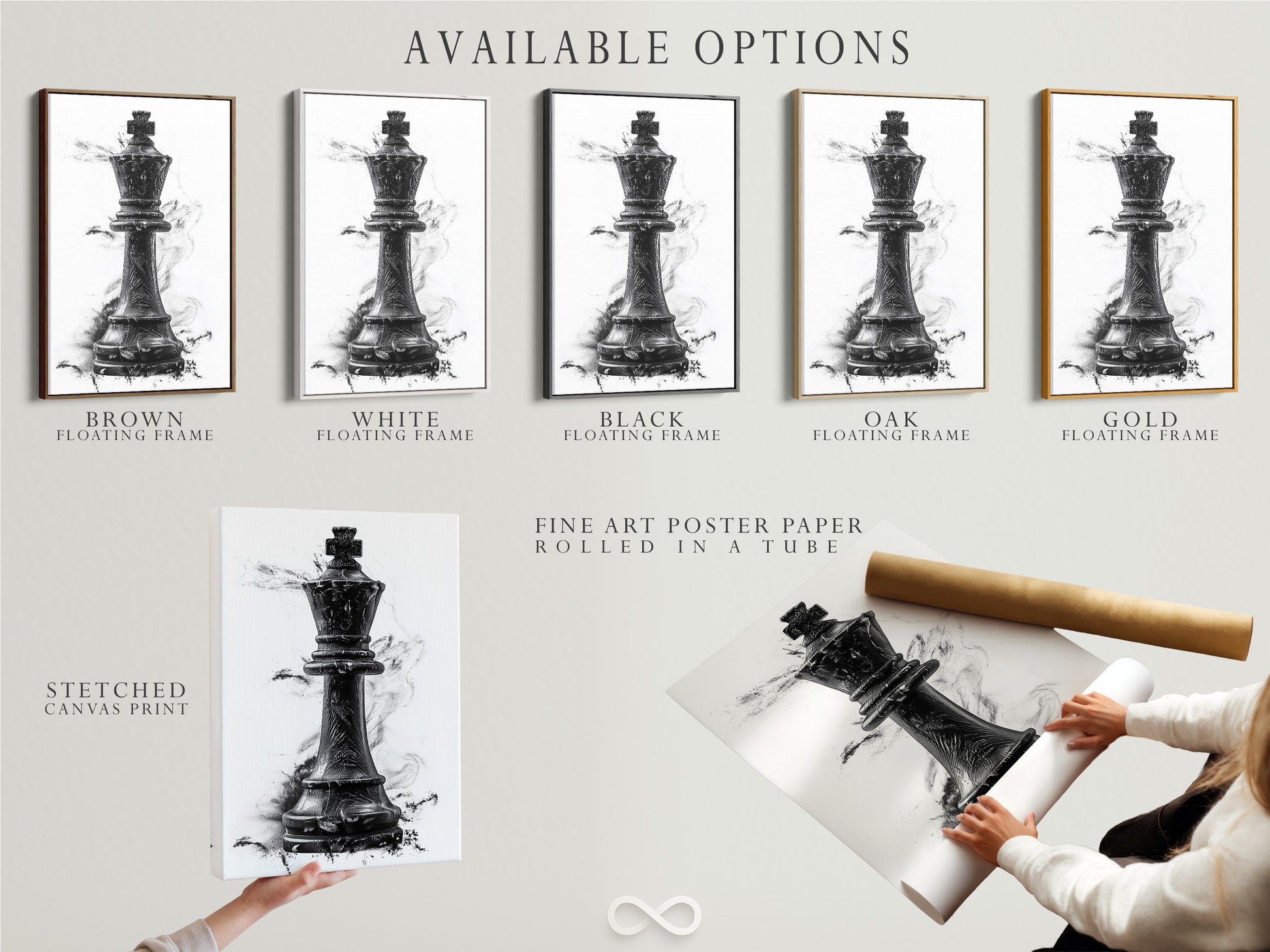 Explore available options for your artwork. Choose from a stretched canvas print. Opt for fine art poster paper or a floating frame. Customize your artwork to match your style. It enhances your home decor with our versatile options.