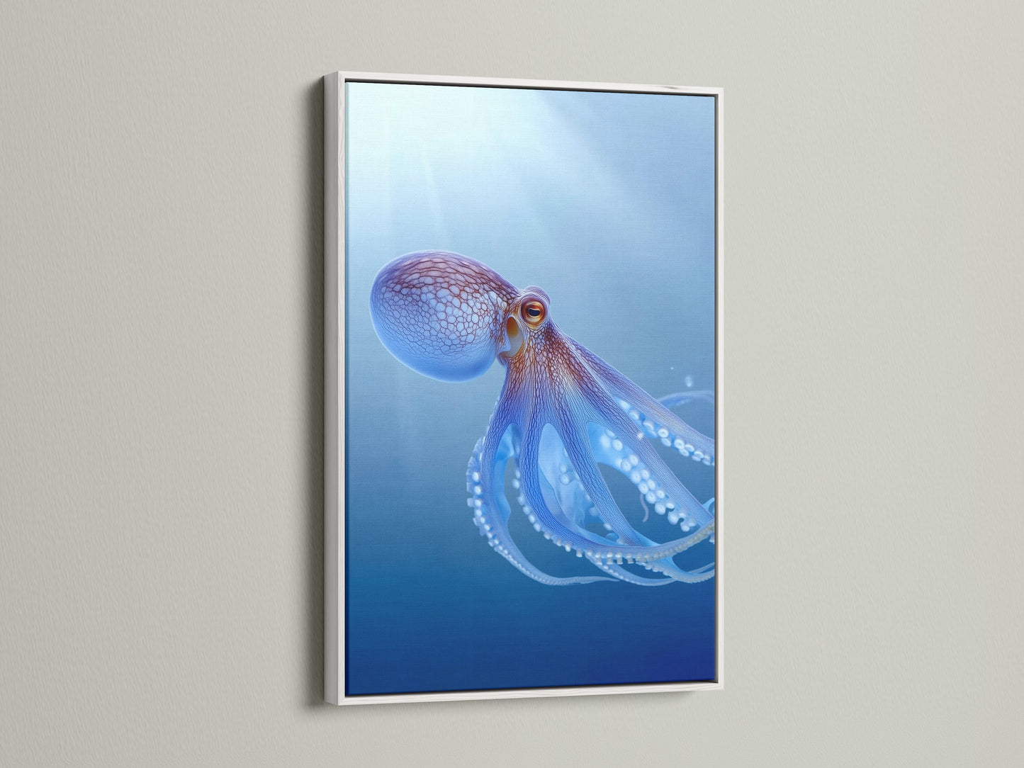 This octopus artwork is showcased in a clean white frame. The contrast highlights the teal blue and marine details. Ideal for coastal bathroom decor this sea canvas print adds a fresh touch. A beautiful piece of animal artwork for any room. Enjoy ocean prints at home.