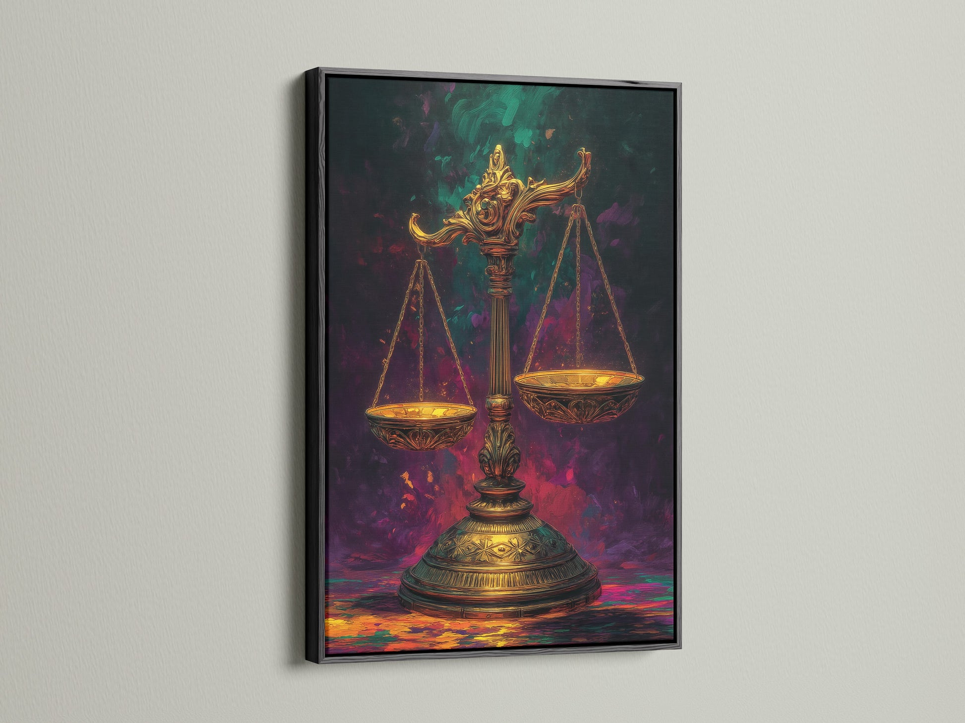 The scales of justice artwork is presented in a black frame. The black frame adds a modern touch to this classic legal artwork. This scales canvas print is ideal for law firms and legal professionals. Enhance your office decor with this justice artwork.