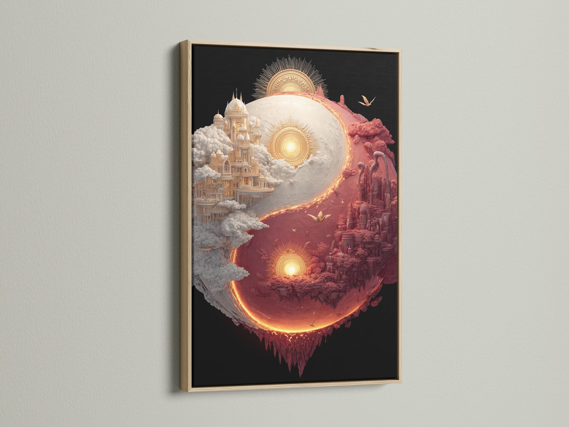 Yin and Yang art in an oak frame. The artwork shows two castles. One is white and the other is red. The castles are connected in a yin and yang shape. Find the perfect frame to complement your art.