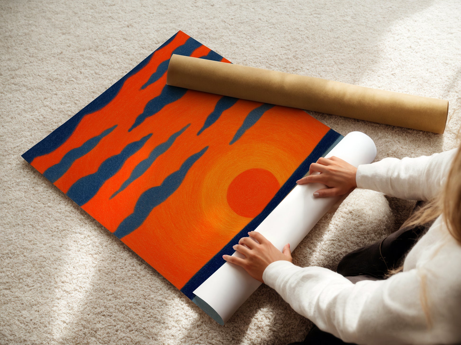 A woman carefully rolls a fine art poster paper. This sunset seascape artwork is ready for display. Choose from various options to suit your style. This coastal art print is perfect for home or office wall decor. A vibrant orange sky art.